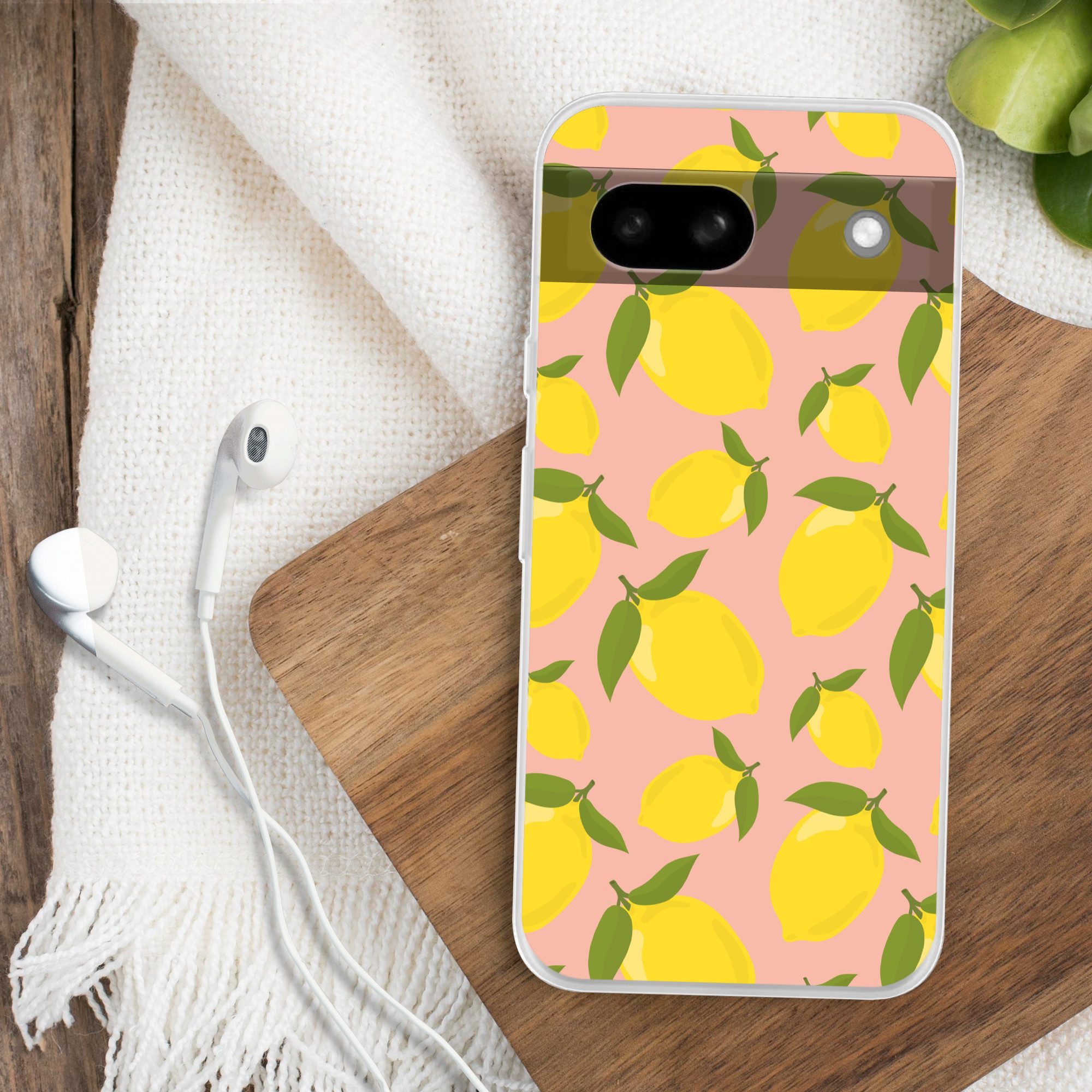 MuchoWow Handyhülle für Google Pixel 8a Zitronen - Gelb - Rosa - Muster - Obst, Phone Case, Silikon, Schutzhülle Dünn
