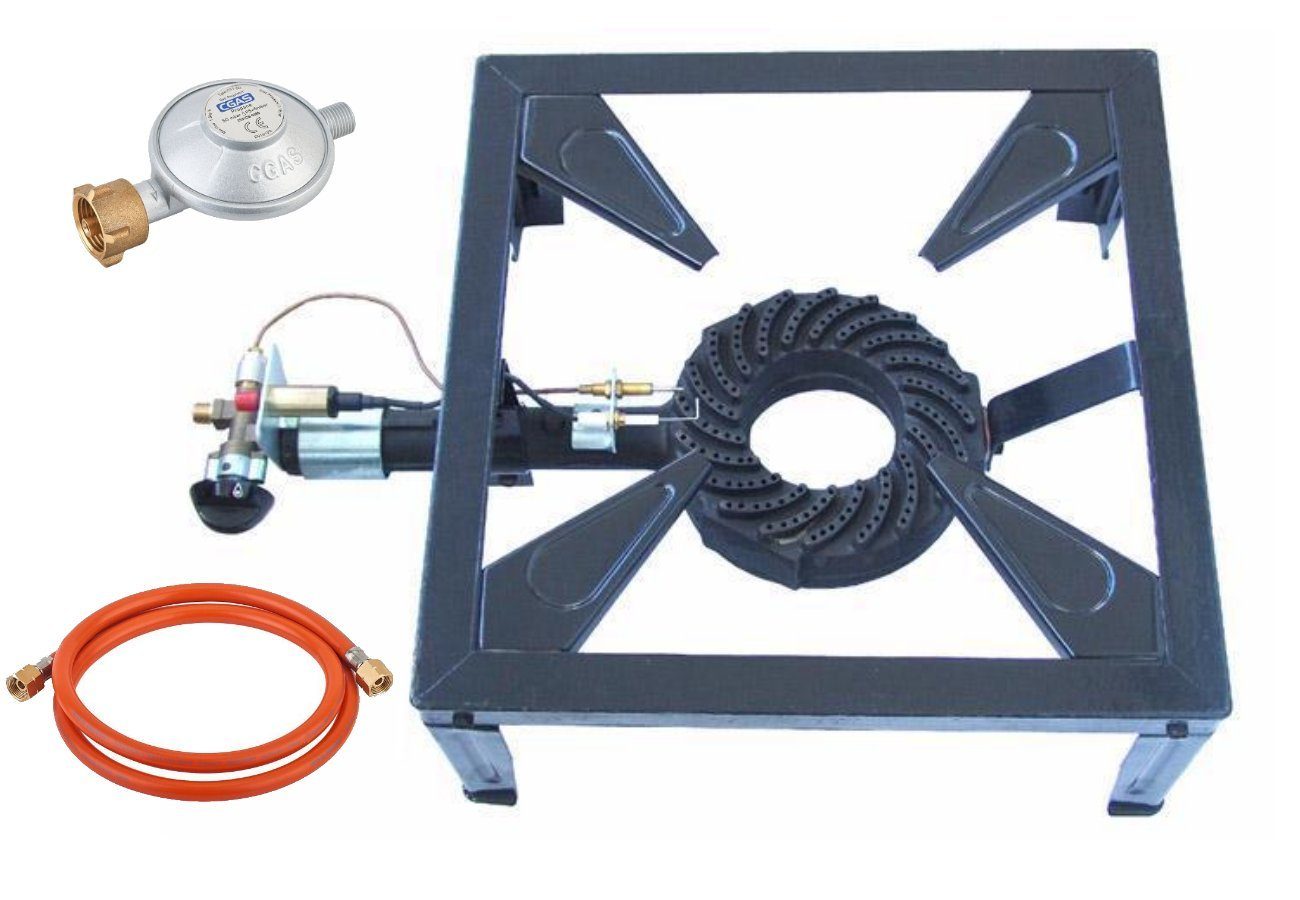 Wehmann Gaskocher 10,5 KW Profi 4 Fuß Hockerkocher, mit Gasschlauch und Druckregler