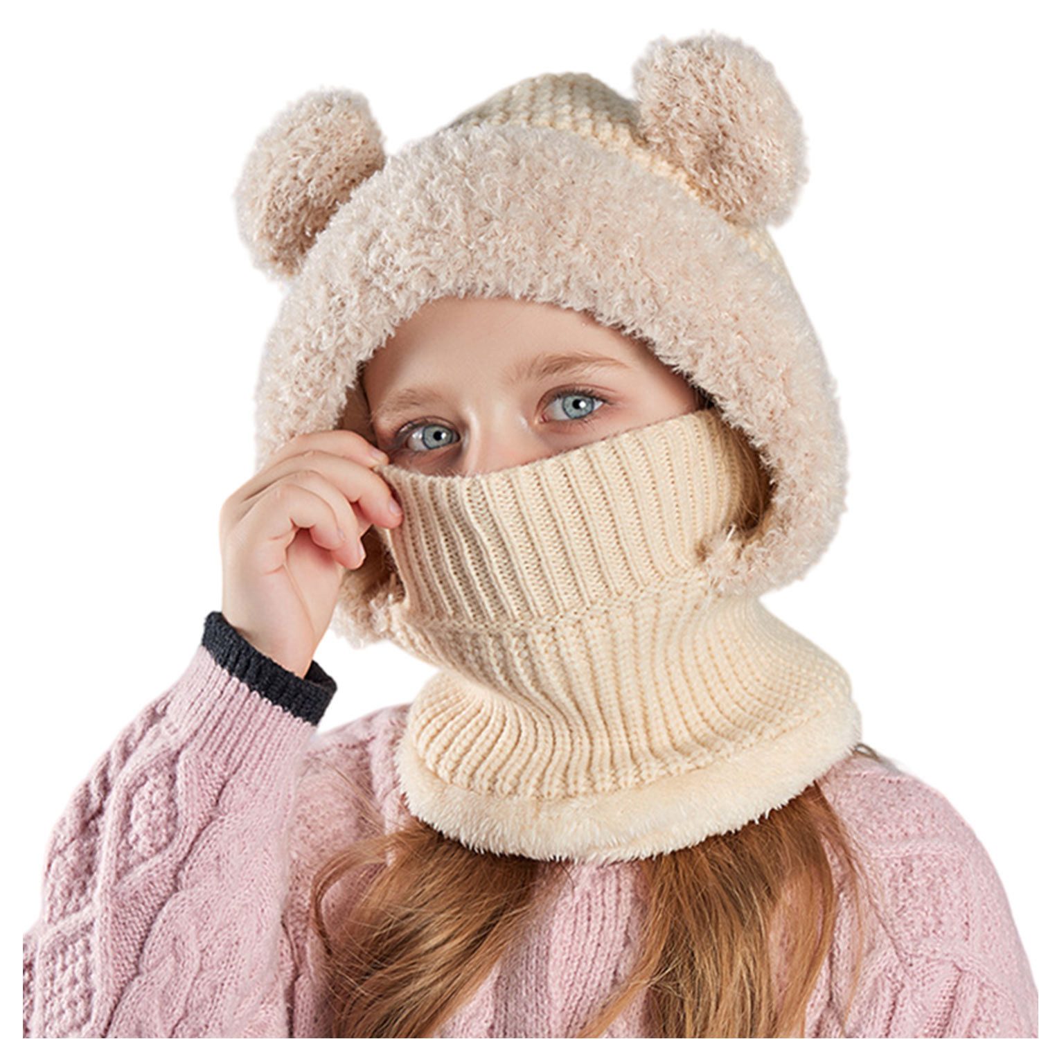 Strickmütze Schlupfmütze Mädchen Winter Mütze Schal Fleecefutter Warm