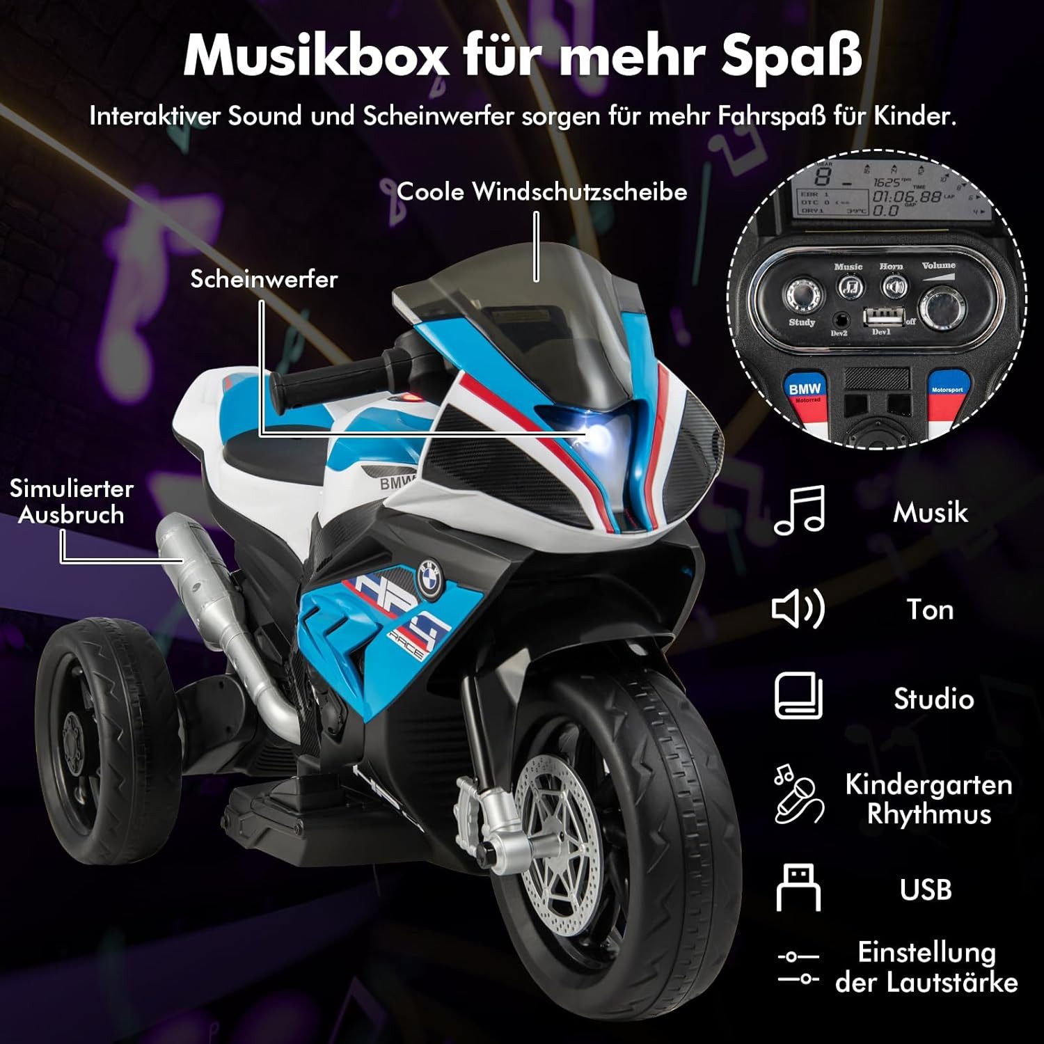 KOMFOTTEU Elektro-Kindermotorrad mit Musik & Scheinwerfer, für 3-8 Jahren, 3 km/h, bis 30 kg