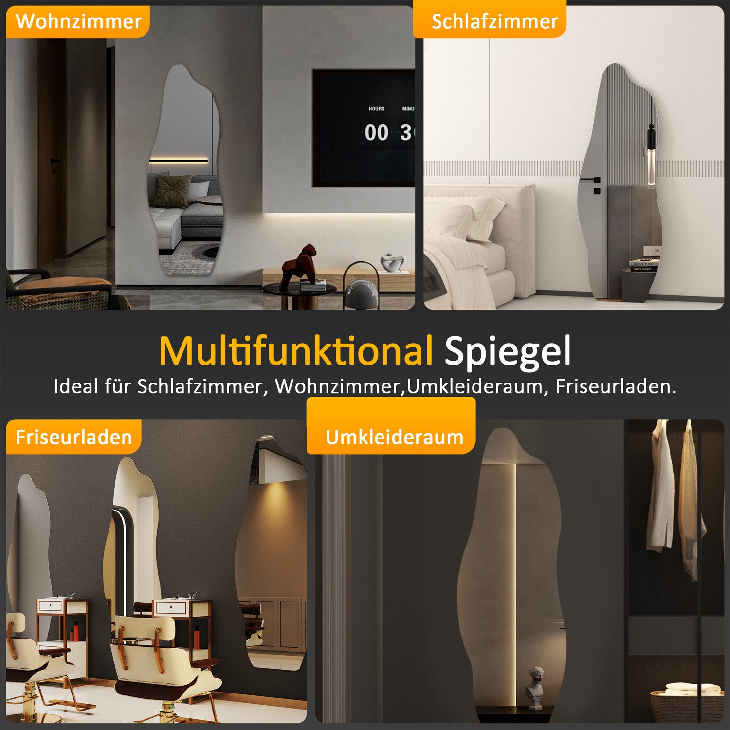 Boromal Dekospiegel groß 165x60cm Ganzkörperspiegel für Flur Wohnzimmer Schlafzimmer (Wandspiegel Flur gross, rahmenlos, asymmetrisch Spiegel), 5mm HD Glas