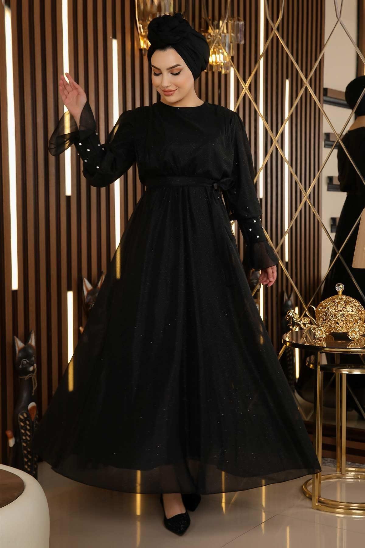 MODAMİHRAM Abendkleid ElbiseStein Detail Glitzer Chiffon Abendkleid – Bild 4 von 5