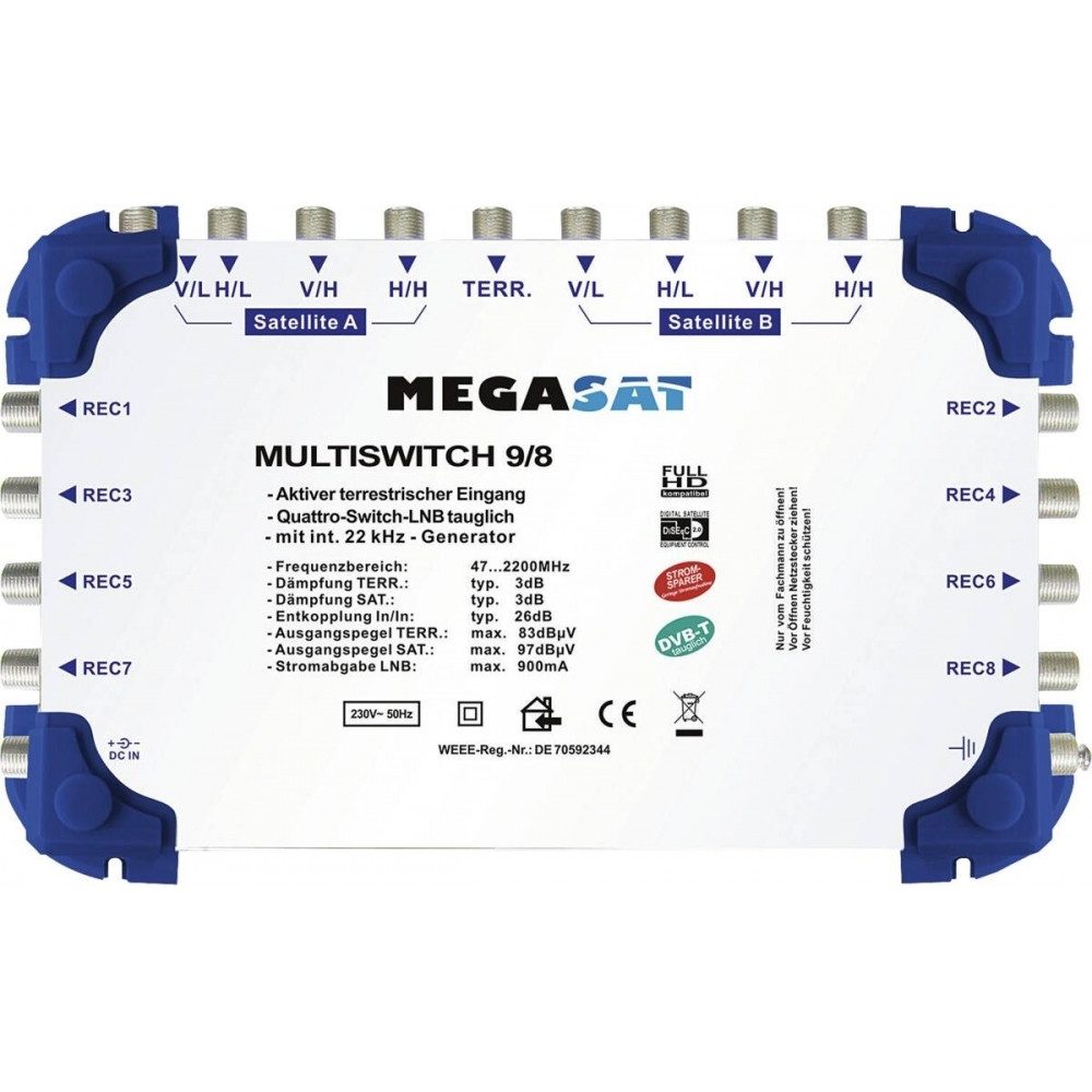 Megasat Megasat Multiswitch 9/8 für Satellitenempfang. Camping Sat-Anlage (Empfang von 2 Satelliten), Empfang von 2 Satelliten, 9 Eingänge und 8 Ausgänge