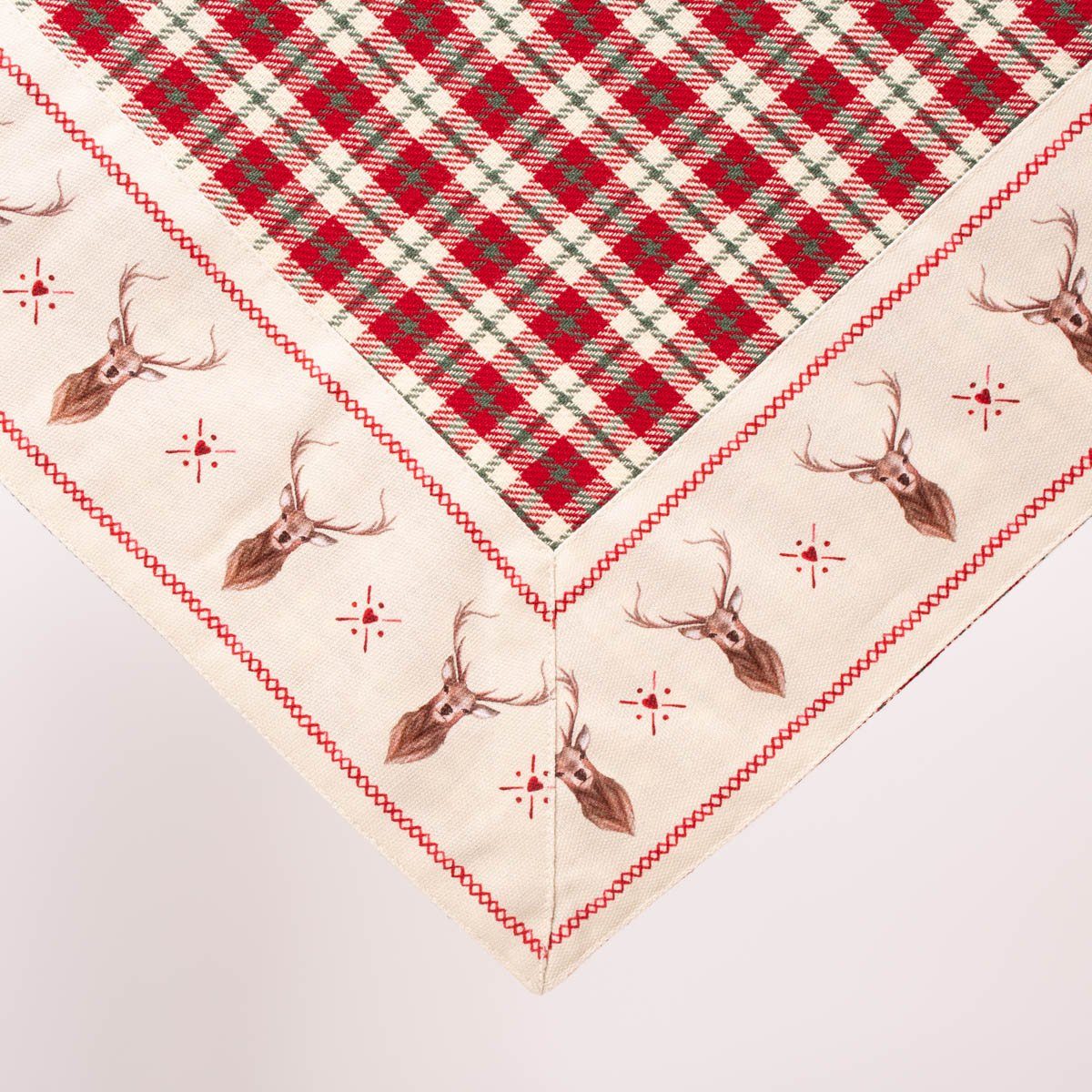 Clayre & Eef Tischdecke Clayre & Eef Mitteldecke Wende-Tischdecke Karo Hirsche beige 100x100cm, Kuvertsaum