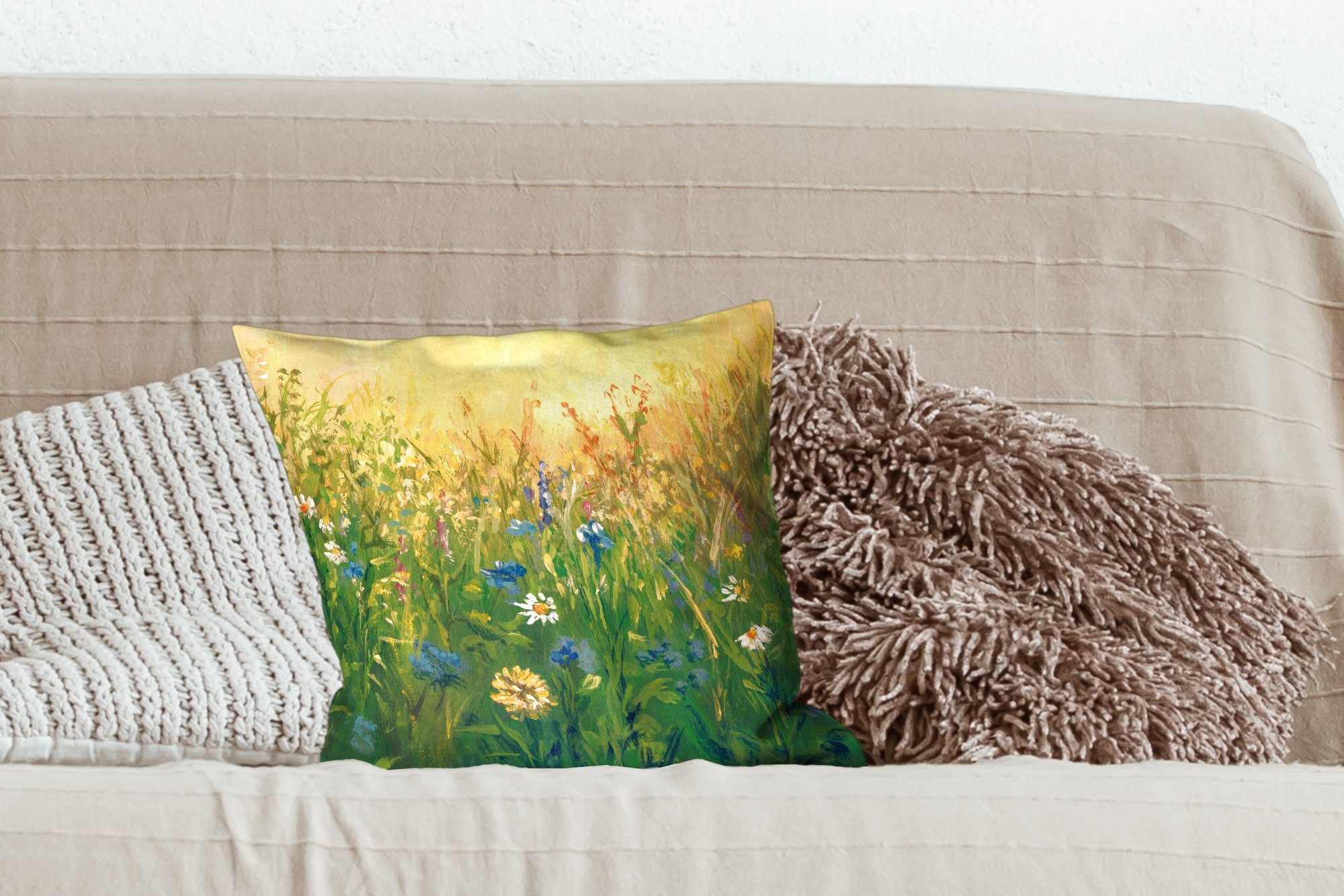 MuchoWow Dekokissen Blumen - Aquarell Zierkissen Sonne, Schlafzimmer, Sofakissen mit Deko, Wohzimmer, - für Füllung