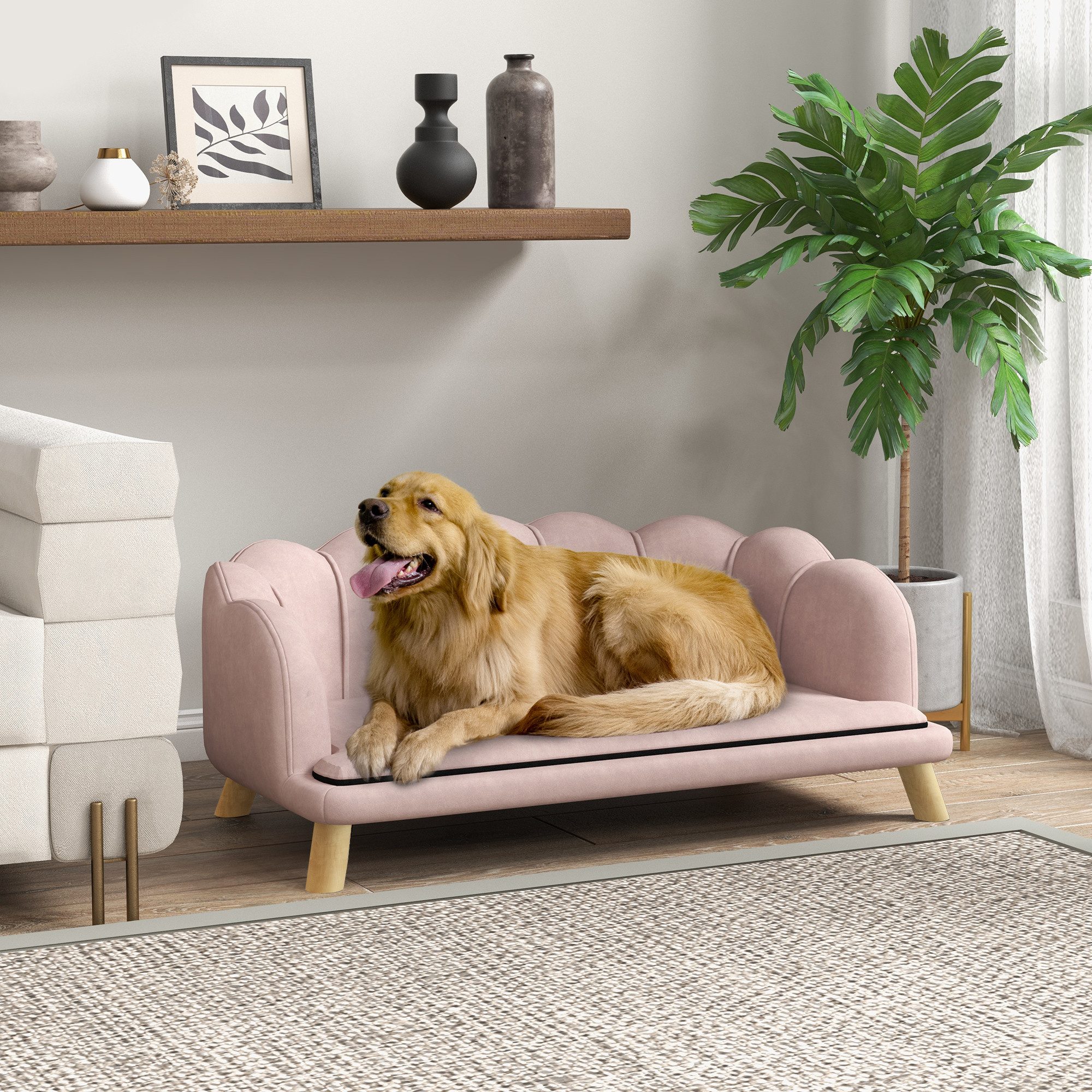 PawHut Tierbett Waschbarer Bezug, Haustiersofa mit Rückenlehne und Holzbeine, Polyester, für mittelgroße Hunde unter 25 kg, Rosa