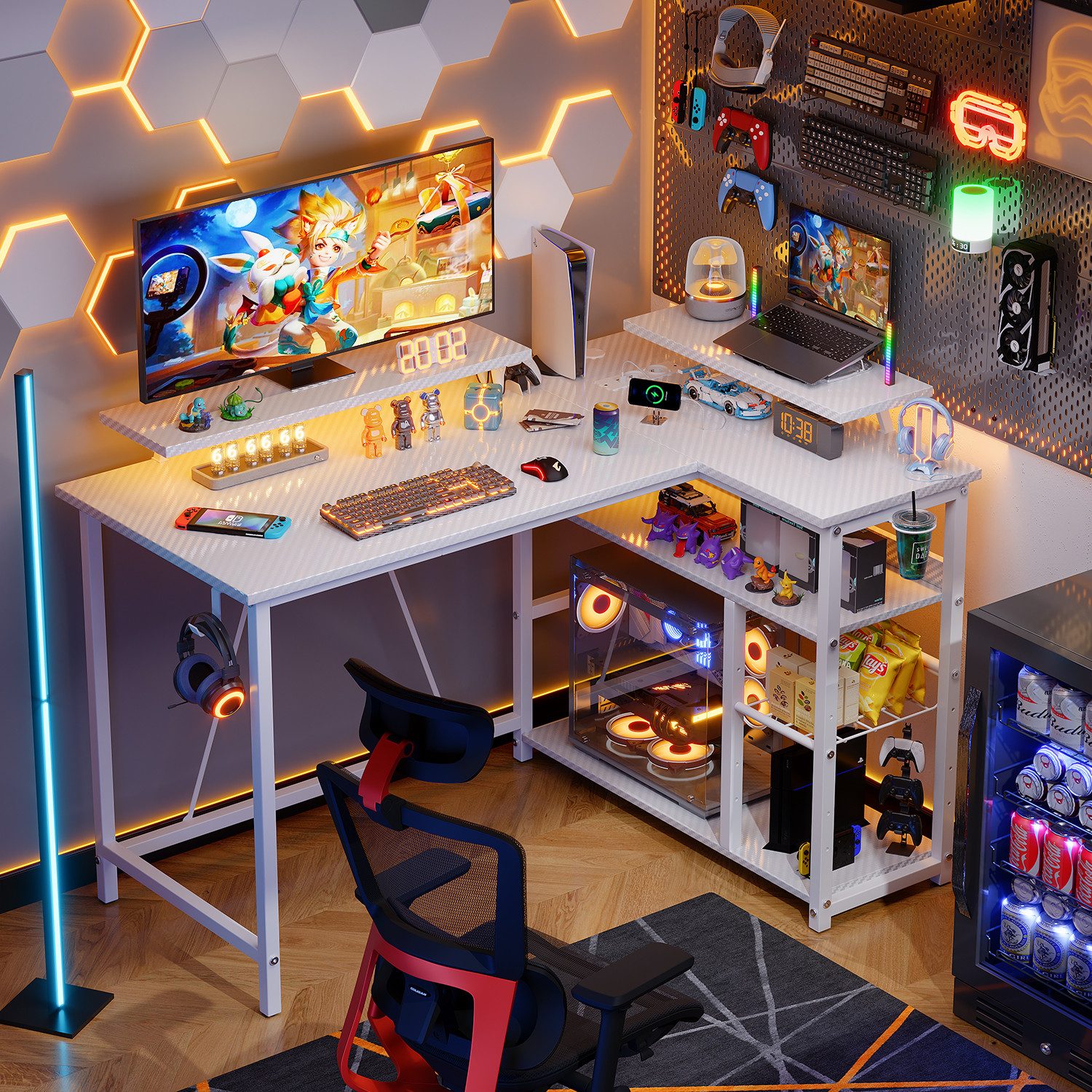 HOMALL Gamingtisch L-förmiger Computertisch mit Steckdosen, USB-Anschlüssen günstig online kaufen