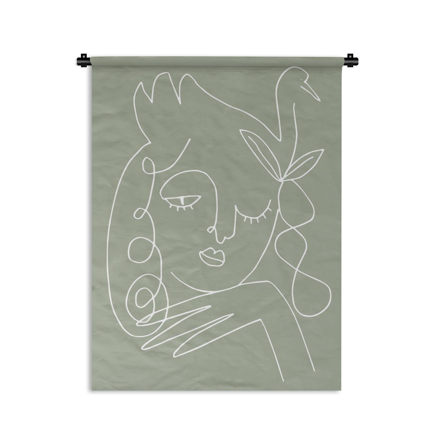 Vogel Strichzeichnung, Frau Tapisserie, Haare - - - Wanddekoobjekt der Grün Wohnzimmer, an Schlafzimmer - Wand, für MuchoWow Deko