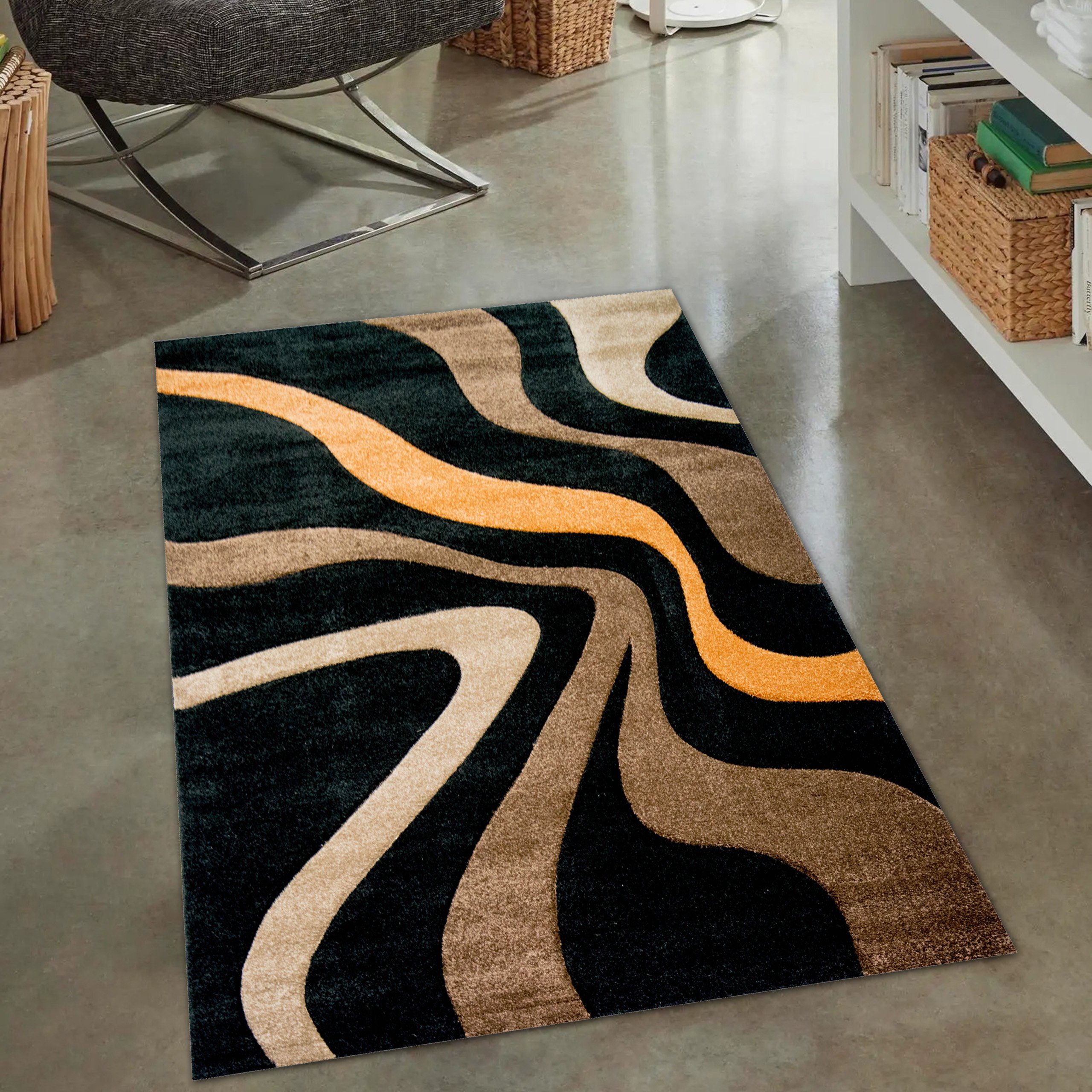 Teppich Schöner Teppich mit gewölbten Linien in schwarz& braun, Carpetia,  rechteckig, Allergiker-freundlich, Fußbodenheizung geeignet