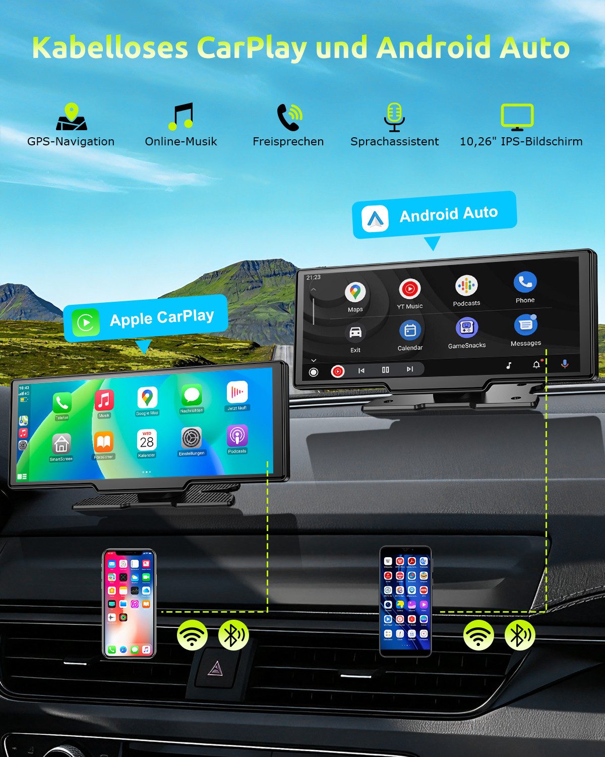 ESSGOO Wireless Carplay 10.26" 4K Android Auto AutoRadio GPS Navigationsgerät Dashcam (Bluetooth, WIFI, 64GB Rom TF Card WiFi,4K-Frontkamera/10.26" IPS Bildschirm(1600*600)