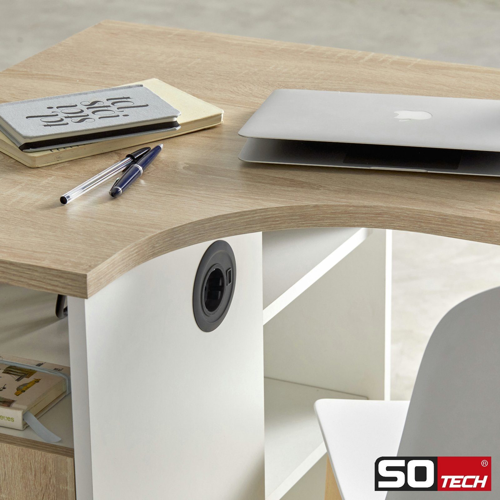 SO-TECH® Einbau Tischsteckdose mit Kabel und Stecker Einbau-Tischsteckdose, schwarz, rund, 1-fach, 1x USB-A