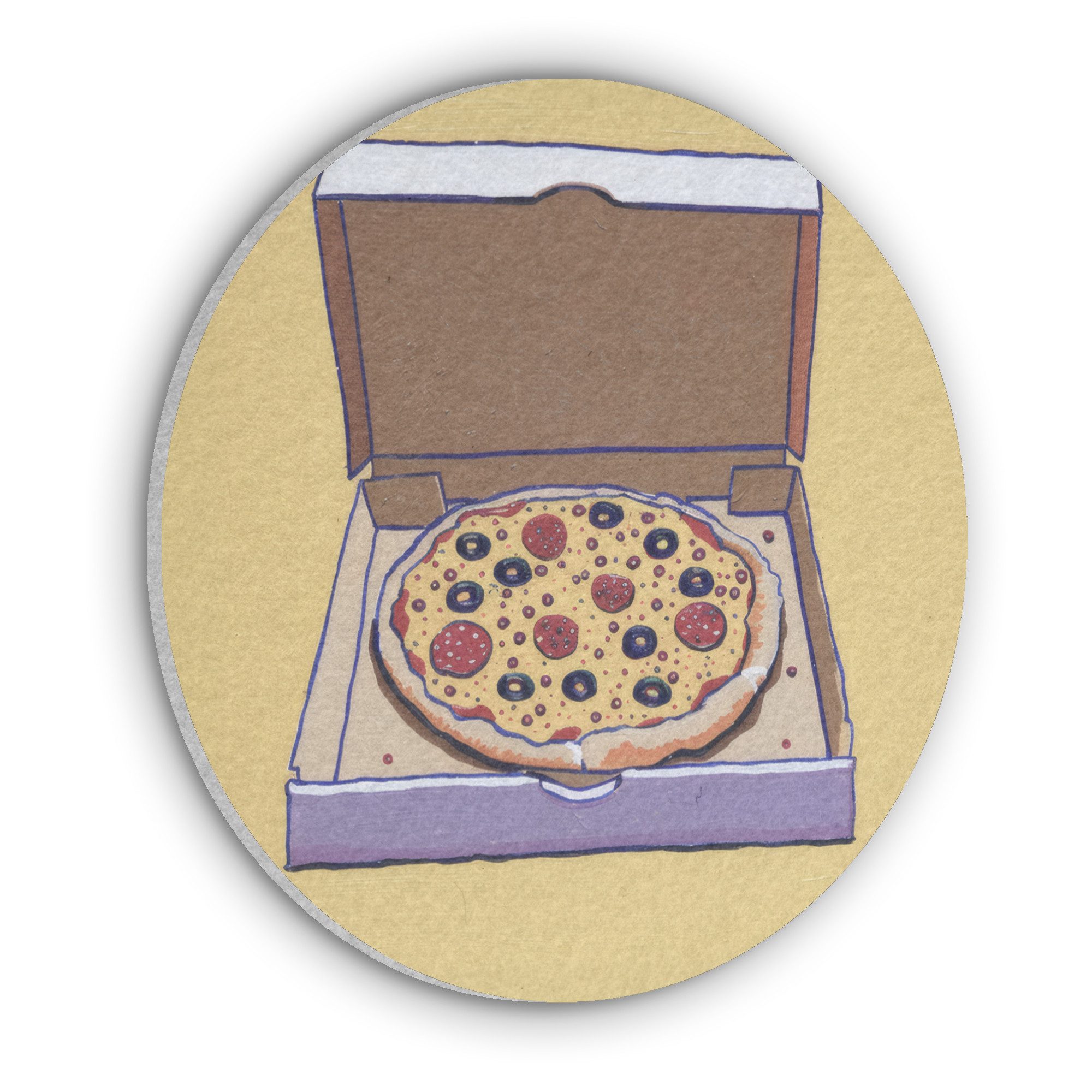 MuchoWow Gemälde Pizza - Schachtel - Salami - Illustration, Fotodruck (1 St), Akustikpaneele Rund, Schalldämmung, Akustikbilder 80x80 cm