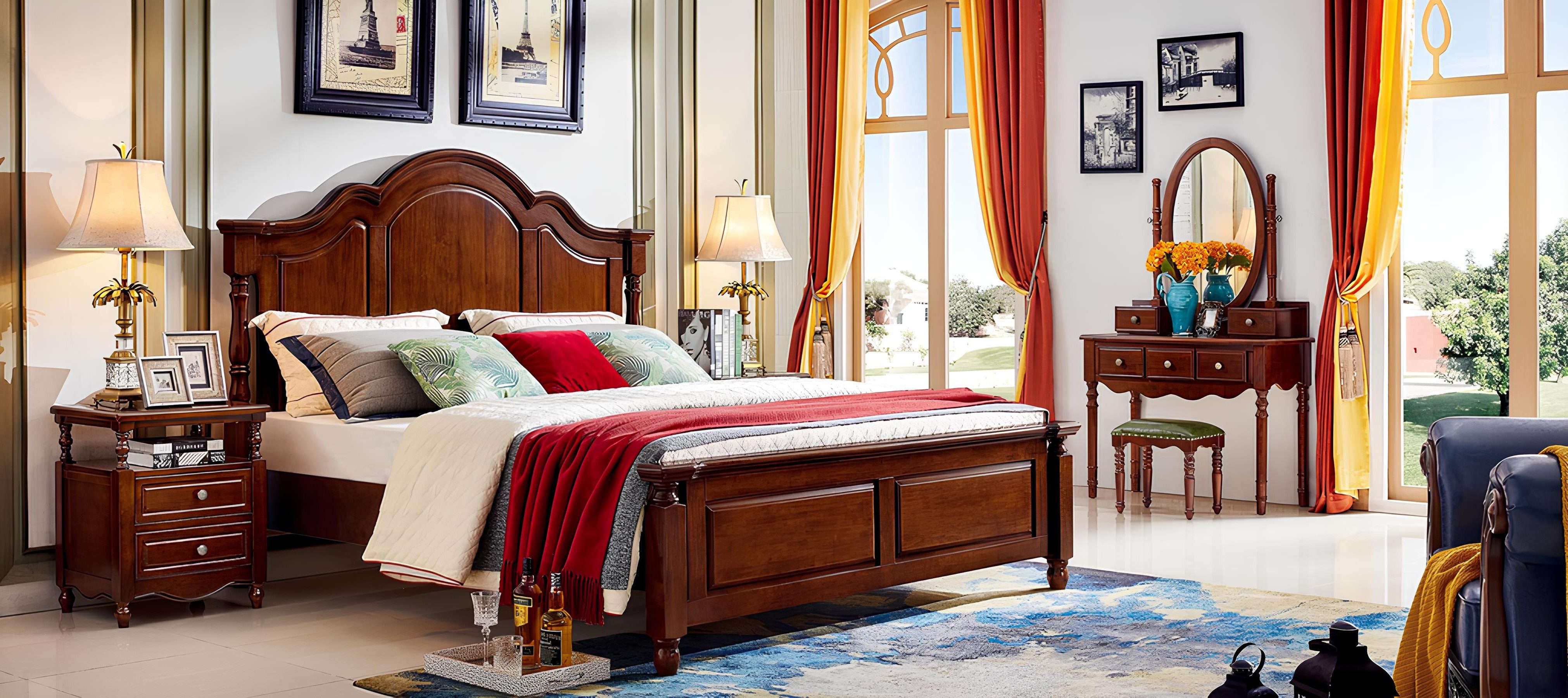 Schlafzimmer-Set Luxuriöses Bett mit 2 Nachttischen 180x200 cm klassisch