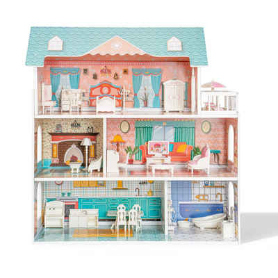 HAUSS SPLOE Puppenhaus Puppenhaus Puppenstube 3 Etagen Hölzernes Puppenhaus, (mit Puppenmöbel echtes Traumspielzeughaus), aus Holz tolles Geschenk für Mädchen