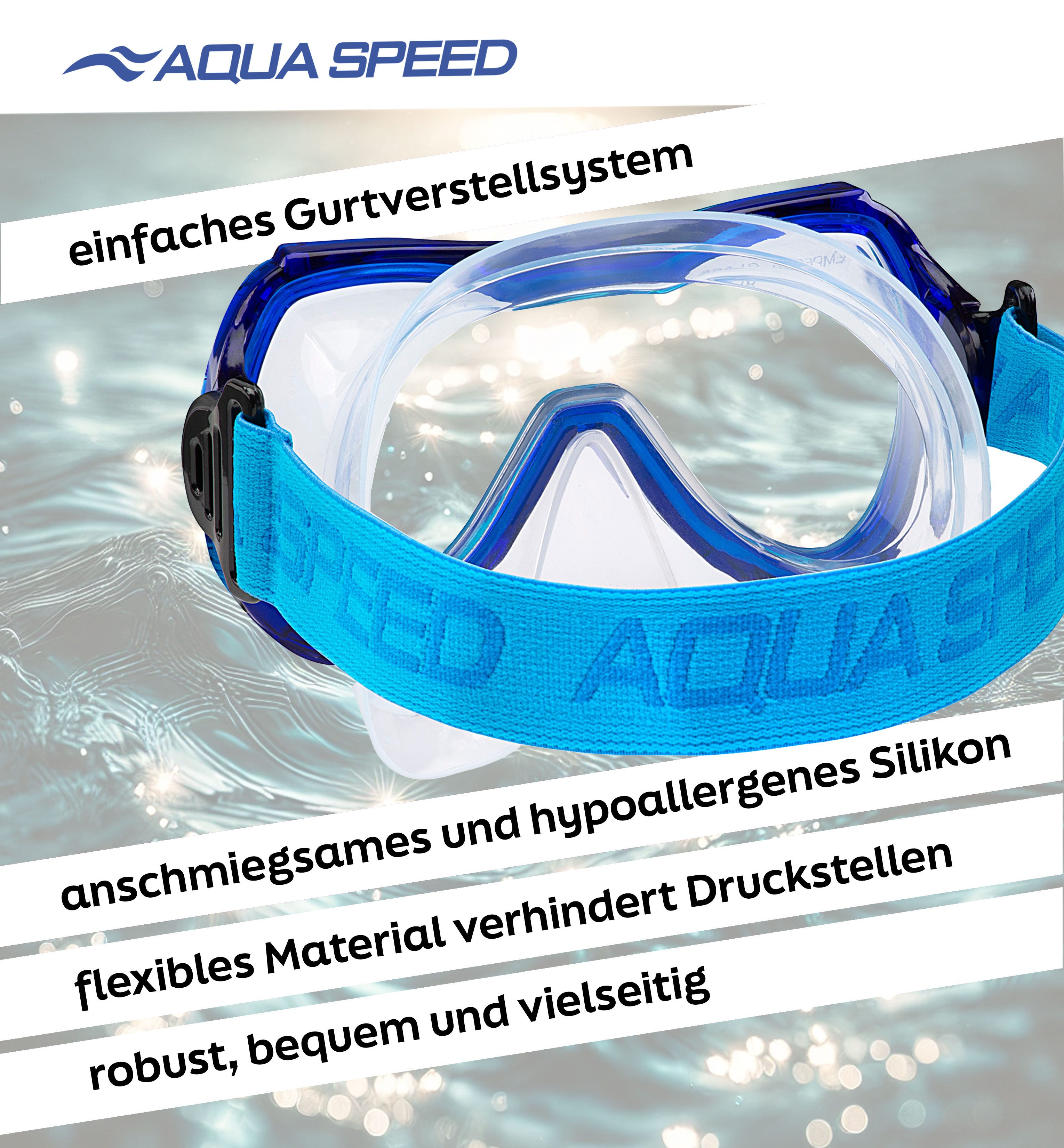 Aqua Speed Schnorchel ALIZE FS Tauchmaske für Kinder Kindertauchmaske Stoffband (Sicher, Bequem und Perfekt für Kleine Unterwasser-Abenteurer), Taucherbrille Kind Stoff-Kopfband Einzellinse