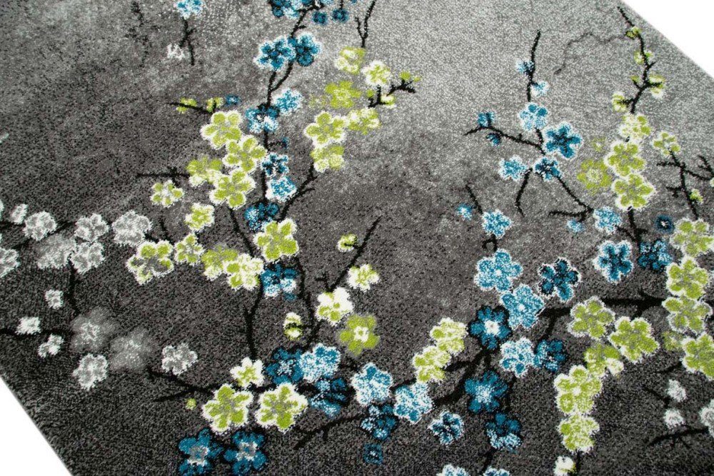 Carpetia Teppich Designer Teppich Kurzflor Wohnzimmerteppich Blumen grau türkis blau, rechteckig, Höhe: 13 mm