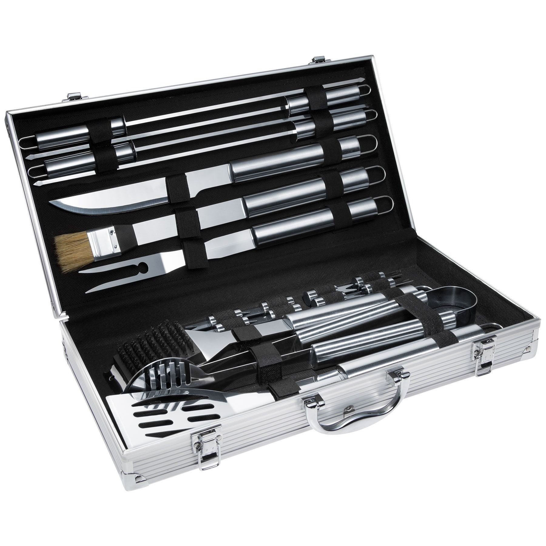 tectake Grillbesteck-Set 18-tlg. Grillbesteck-Set aus Edelstahl mit langen Griffen im Koffer, (Grillwerkzeug-Set, in grau), mit Samt-Innenverkleidung für übersichtliche Aufbewahrung des Bestecks