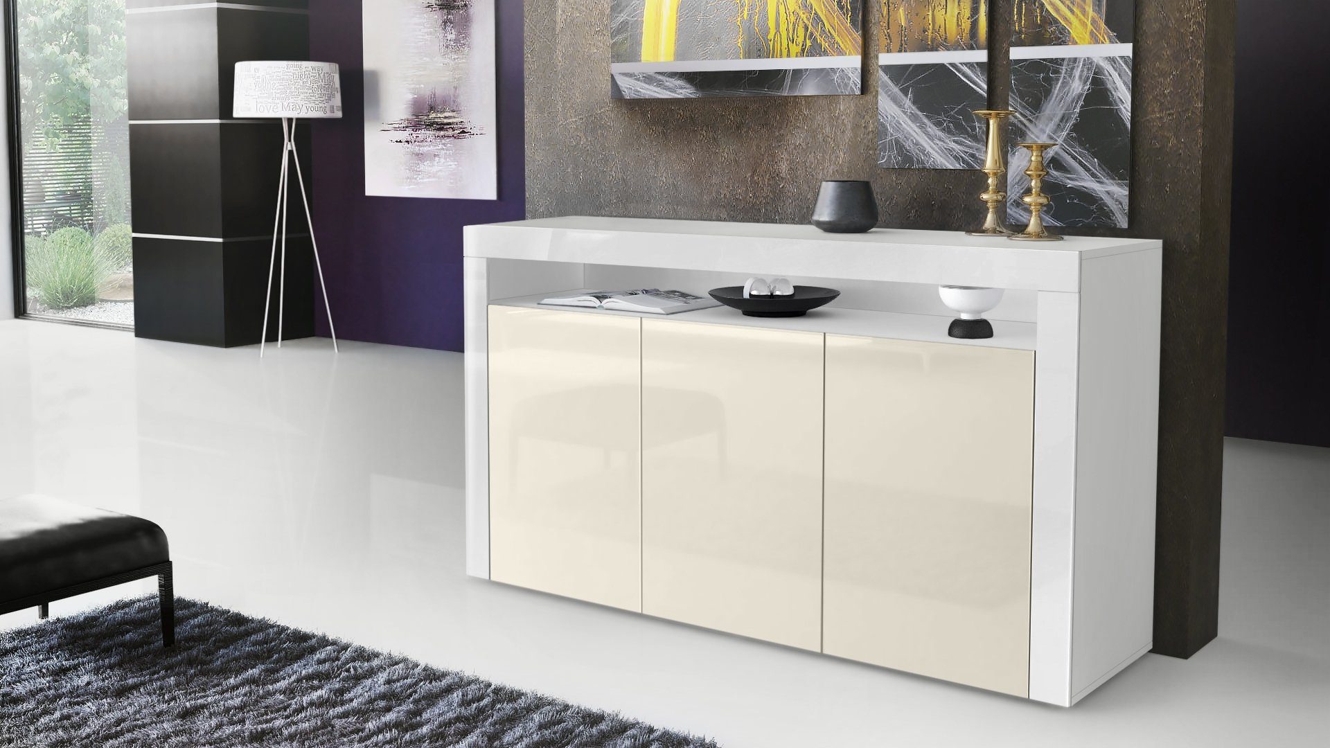 Vladon Sideboard Valencia (Sideboard, mit 3 Türen und 1 offenem Fach), Weiß günstig online kaufen