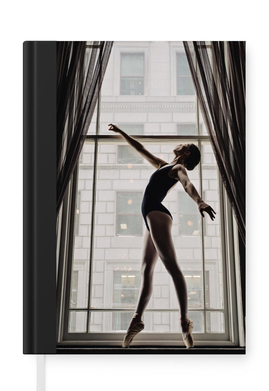 MuchoWow Notizbuch Tanzende Ballerina vor einem Fenster, Journal, Merkzettel, Tagebuch, Notizheft, A5, 98 Seiten, Haushaltsbuch