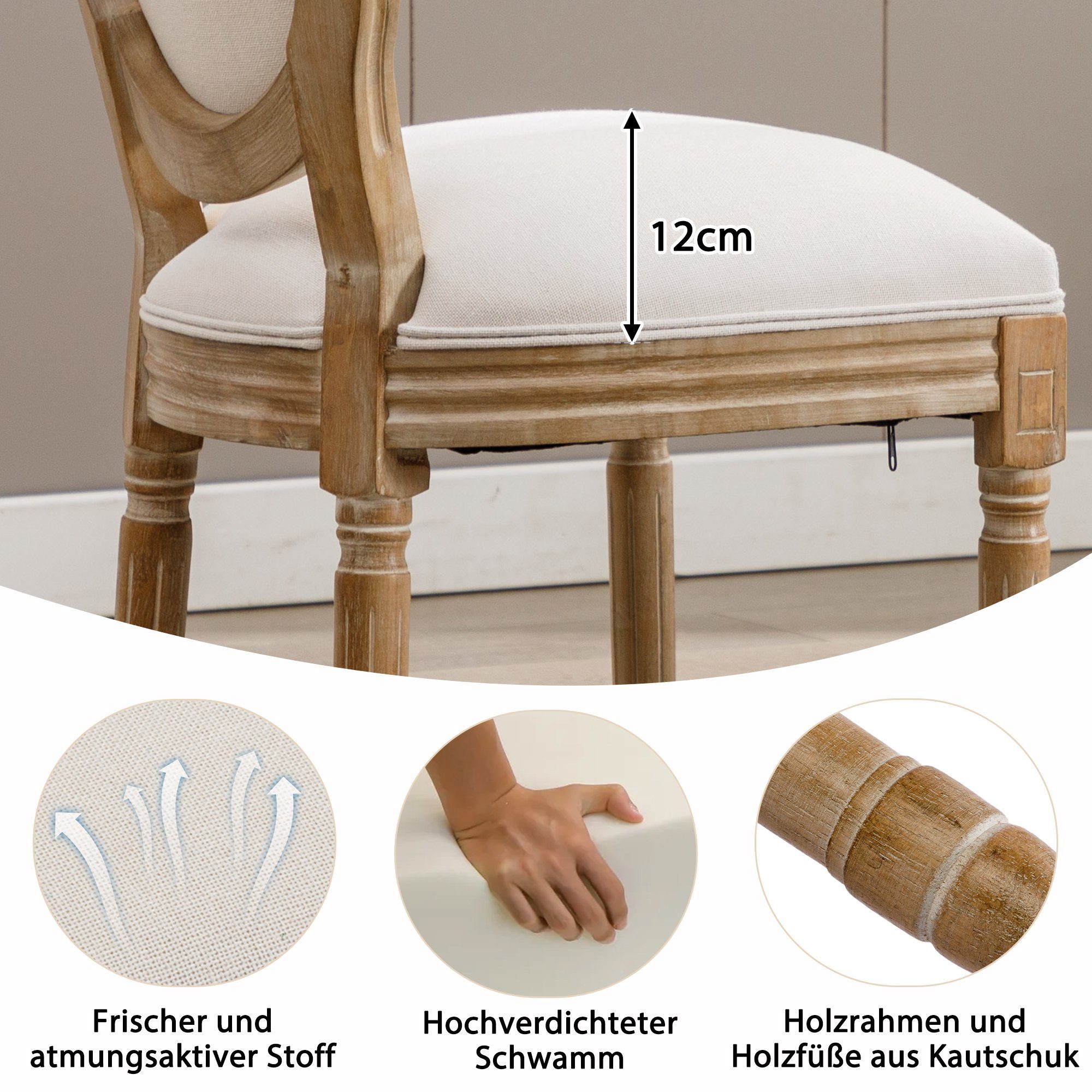 Merax Polsterstuhl mit runden Rückenlehnen aus Leinen, Stuhl (2 St), Knopfdesign Gummiholz und Esszimmerstühle Weiß Weiß Creme Beinen | Creme aus Medaillon