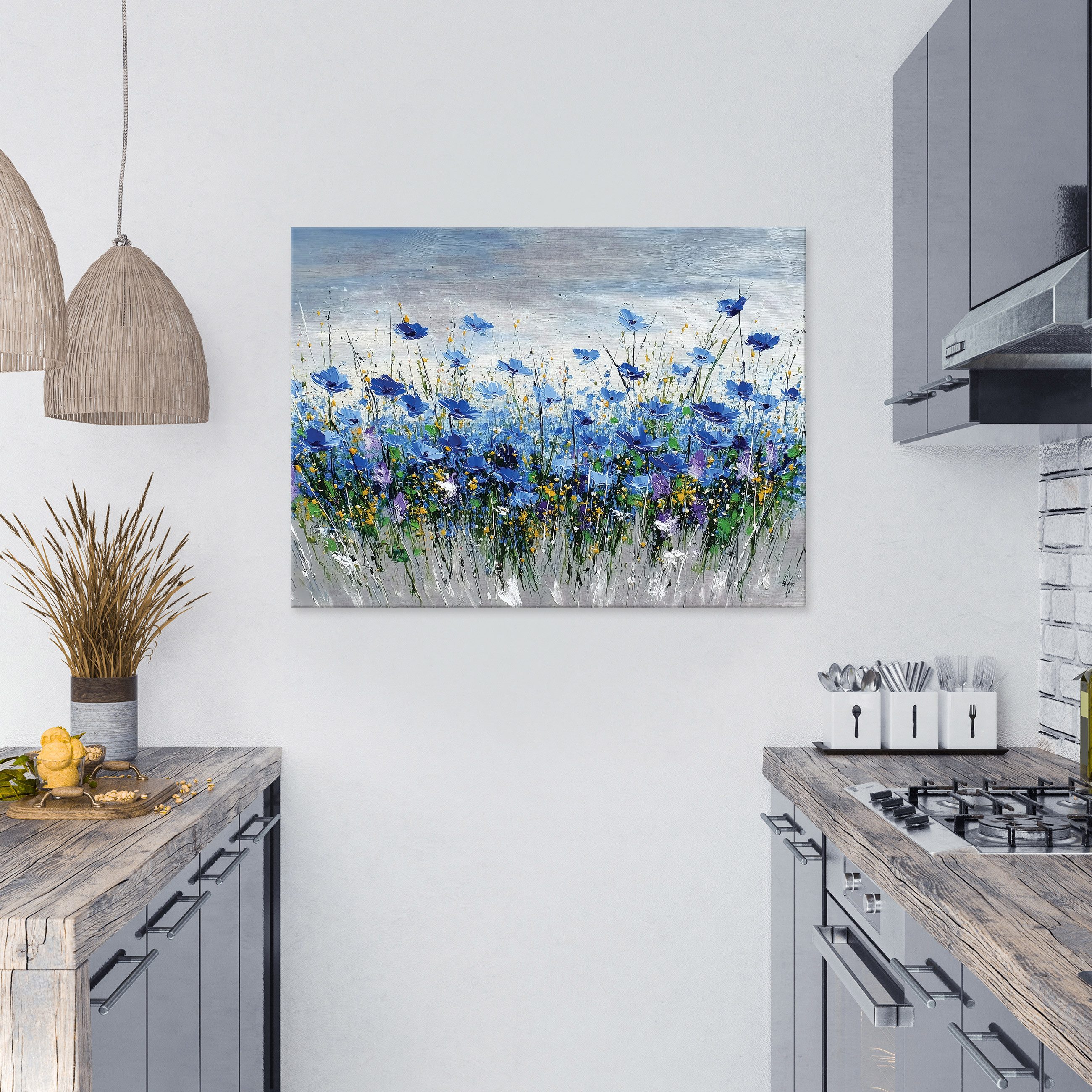 Wallarena Leinwandbild Blumen Aquarell - Blau - Elegant - Wohnzimmer, Blumen, 40x30x2cm
