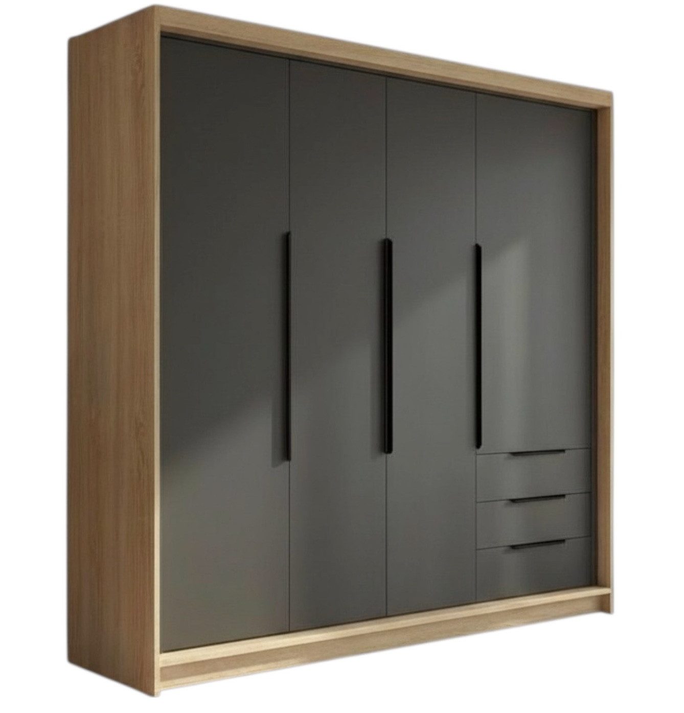 A&J MöbelLand GmbH Drehtürenschrank viertüriger Kleiderschrank mit Schubladen und Metallgriffen. (Geräumiger vier¬türiger Kleiderschrank mit Schubladen und Metallgriffen. Geräumiger Schrank mit einer Breite von 200 cm und Schubladen, ideal zur Aufbewahrung von Kleidung und Accessoires. Viel Stauraum. TOP PRODUKT! Wählen Sie das ideale Modell für Ihr Schlafzimmer!, TOP ANGEBOT) Breite: 200 cm, Höhe: 215 cm, Tiefe: 59,5 cm