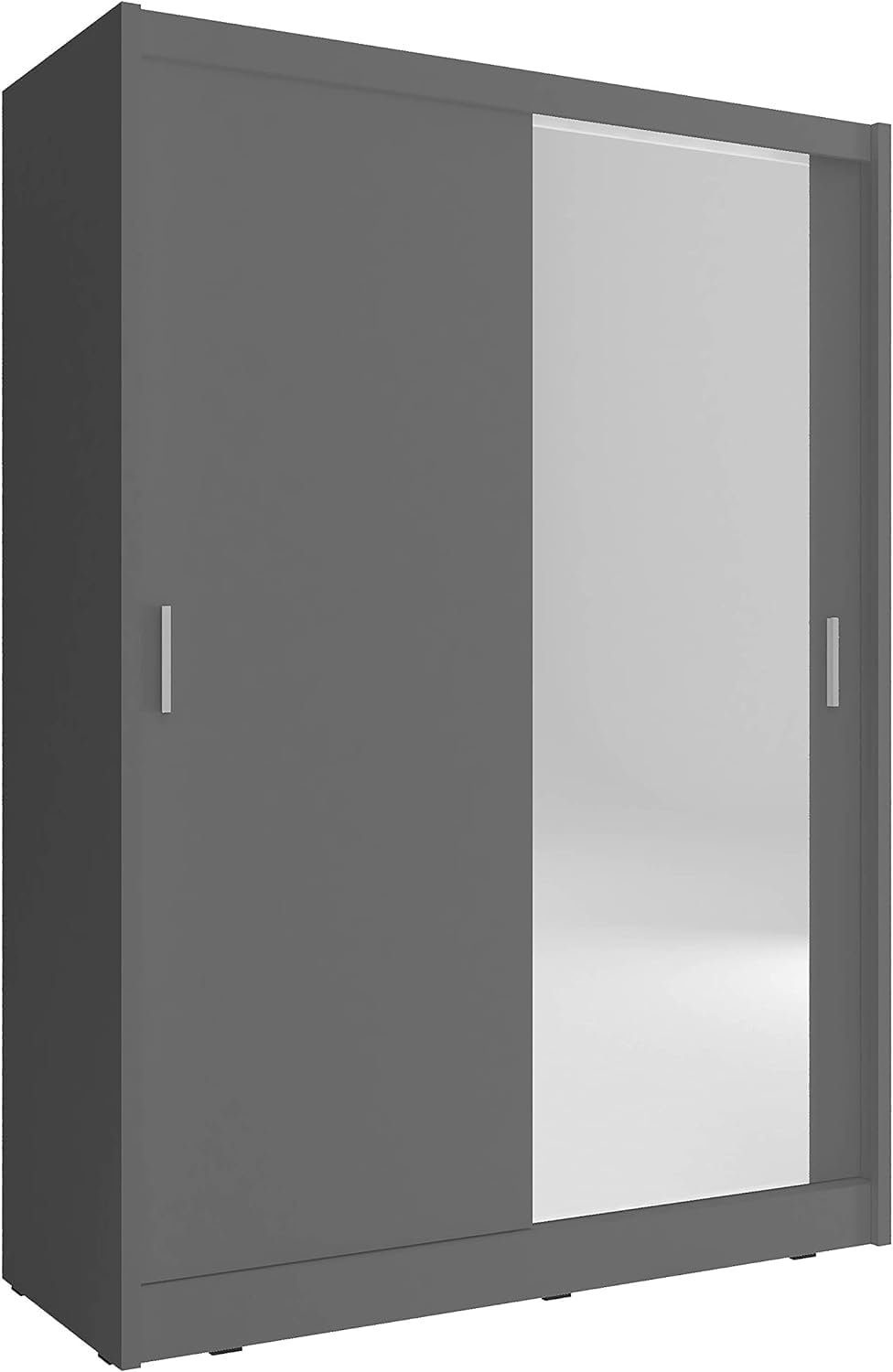 MOEBLO Kleiderschrank Borneo A1 (Wohnzimmerschrank 2-türig Schrank Gaderobe Schiebtüren, mit Spiegel Schwebetürenschrank mit Einlegeböden und Kleiderstange) (BxHxT): 130/150x200x60cm Graphit