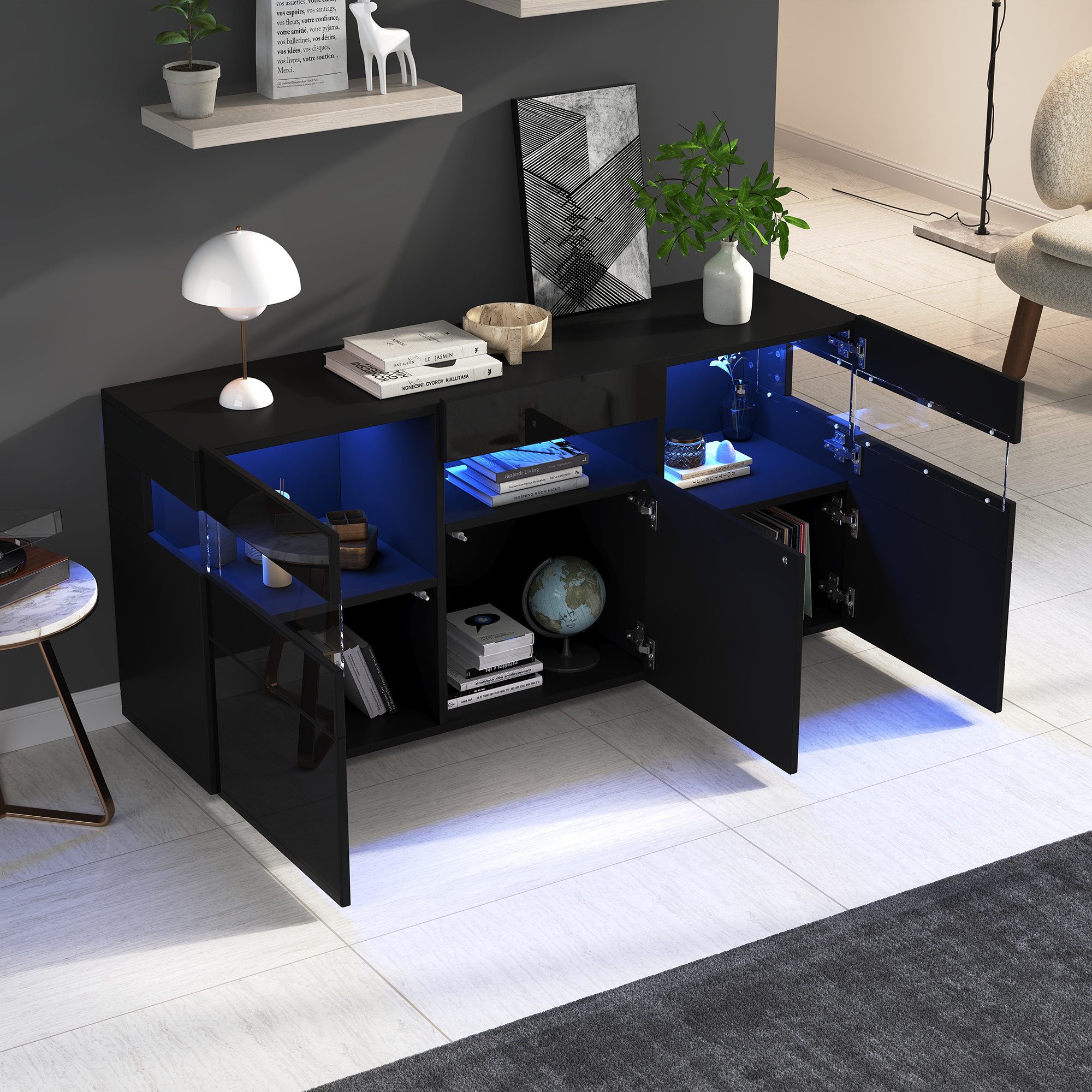 Merax Sideboard mit LED-Lichtleiste, Anrichte in Weiß mit Hochglanzfront (1 St., 140*40.5*66.5cm), Wohnzimmerschrank Kommode mit 3 Türen, 7 Ablagefächern, Acryl-Elemente