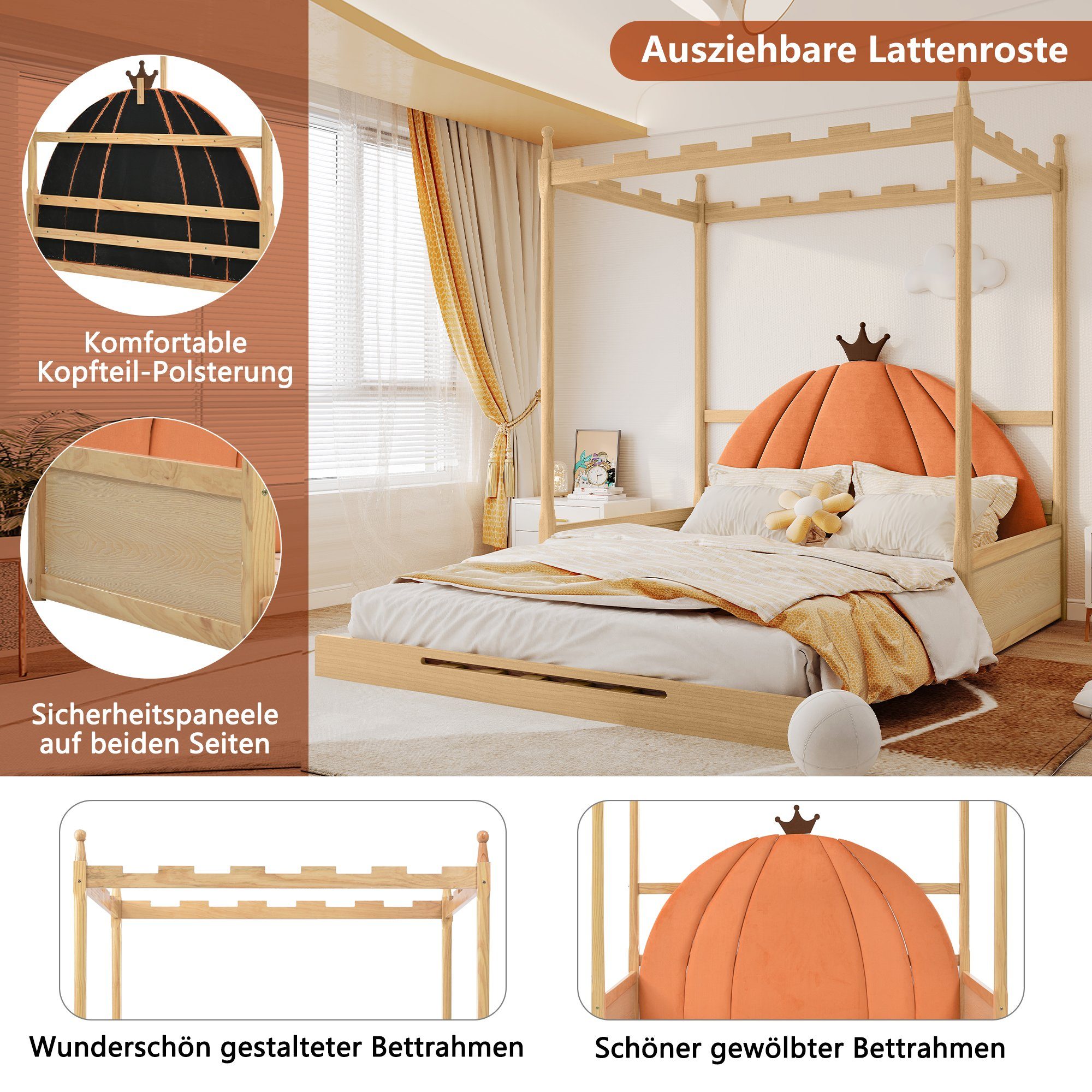 Schiebebett, OKWISH Kinderbett, Quadratisches Doppelbett, Matratze (Samtkissen 140x100cm&140x200cm), Ohne Polsterbett Kürbisform, Schlossdach in aus Rahmen Erweiterbares Holzbett, Kiefernholz, Tagesbett