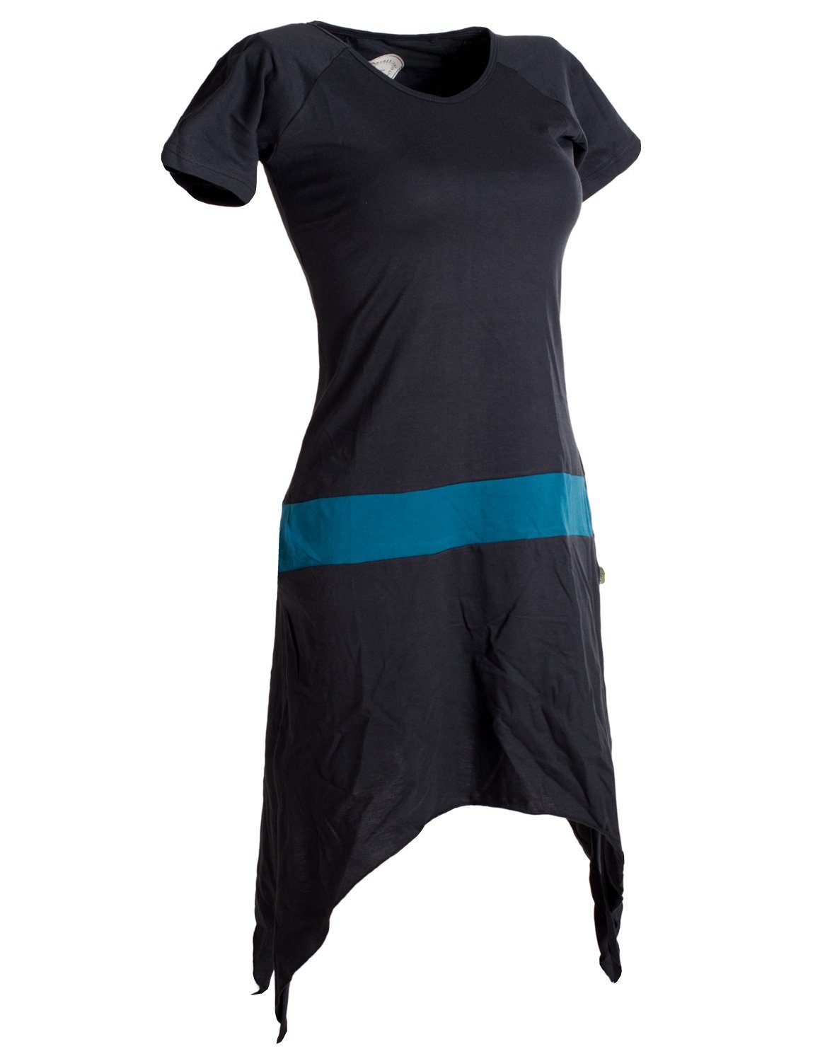 schwarz-türkis aus kurzärmliges Style Einfaches Zipfelkleid Vishes Baumwolle Hippie Sommerkleid Longshirt, Tunika,