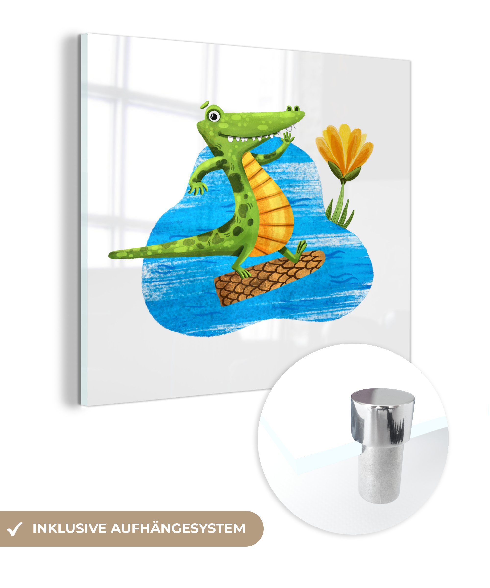 MuchoWow Acrylglasbild Krokodil - Wasser - Baum, (1 St), Glasbilder - Bilder auf Glas Wandbild - Foto auf Glas - Wanddekoration