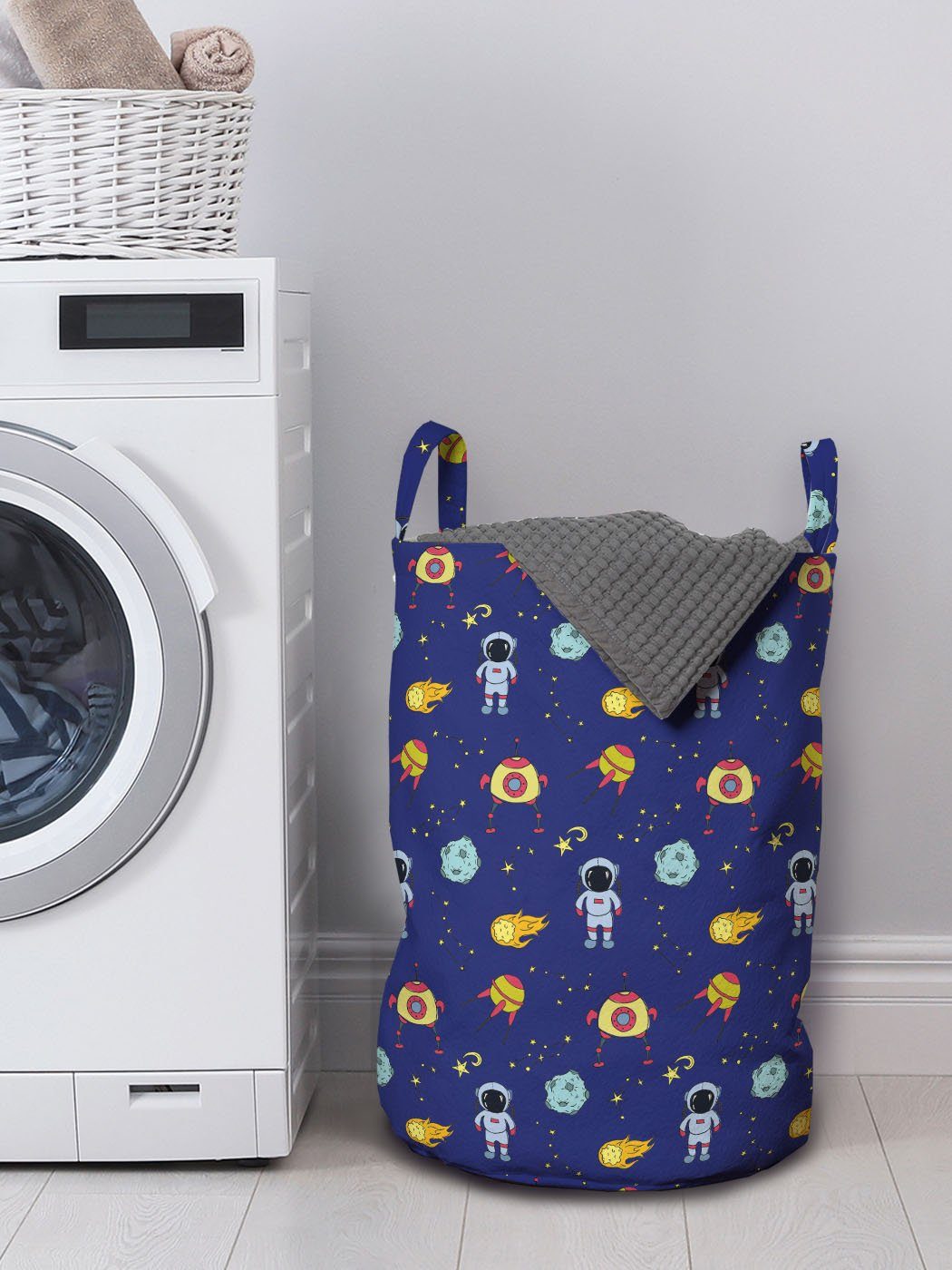 Abakuhaus Objekte Waschsalons, Welt Kordelzugverschluss äußeren Wäschesäckchen mit Cosmic Wäschekorb Ausländer für Griffen