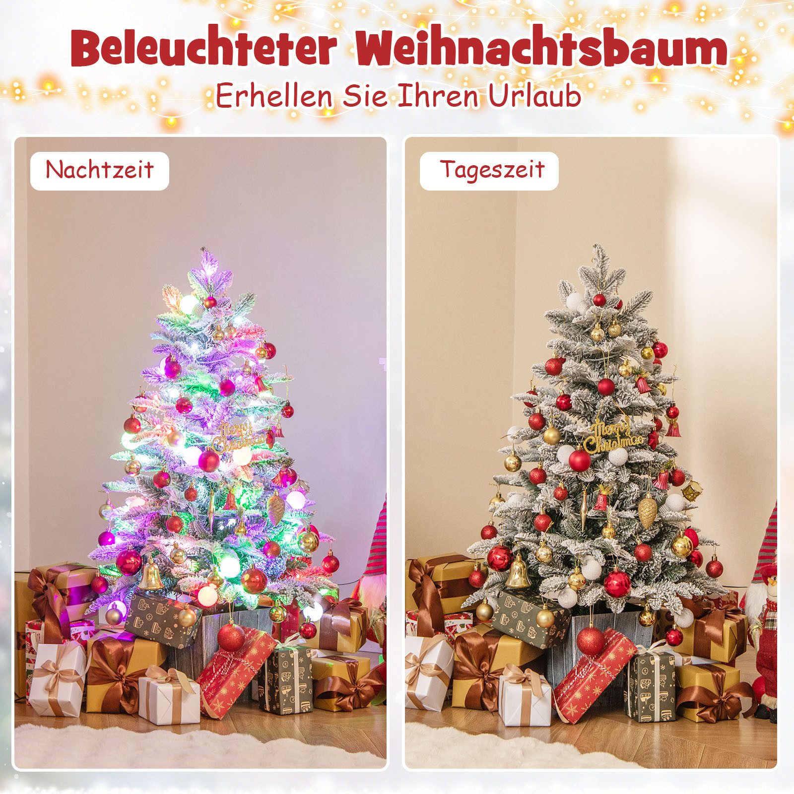 COSTWAY Künstlicher Weihnachtsbaum beflockter Tannenbaum beleuchteter Christbaum mit Schnee & Sockel, 100cm, 80 mehrfarbige LEDs, 148 Spitzen – Bild 4 von 5