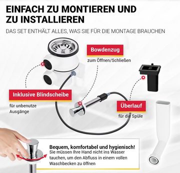 AQUADE Siebventil Siebkorbventil 70 mm, mit Excenterventil und Zugbetätigung Überlauf für Spüle