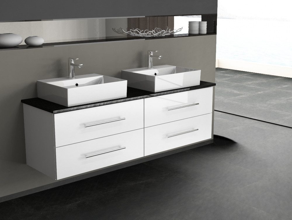 Aqua Bagno Badmöbel-Set Badmöbel-Set 160 cm Weiß Hochglanz mit Doppelwaschbecken & Steinplatte, (5-St., Badmöbelschrank mit Trägerplatte, Waschbecken)