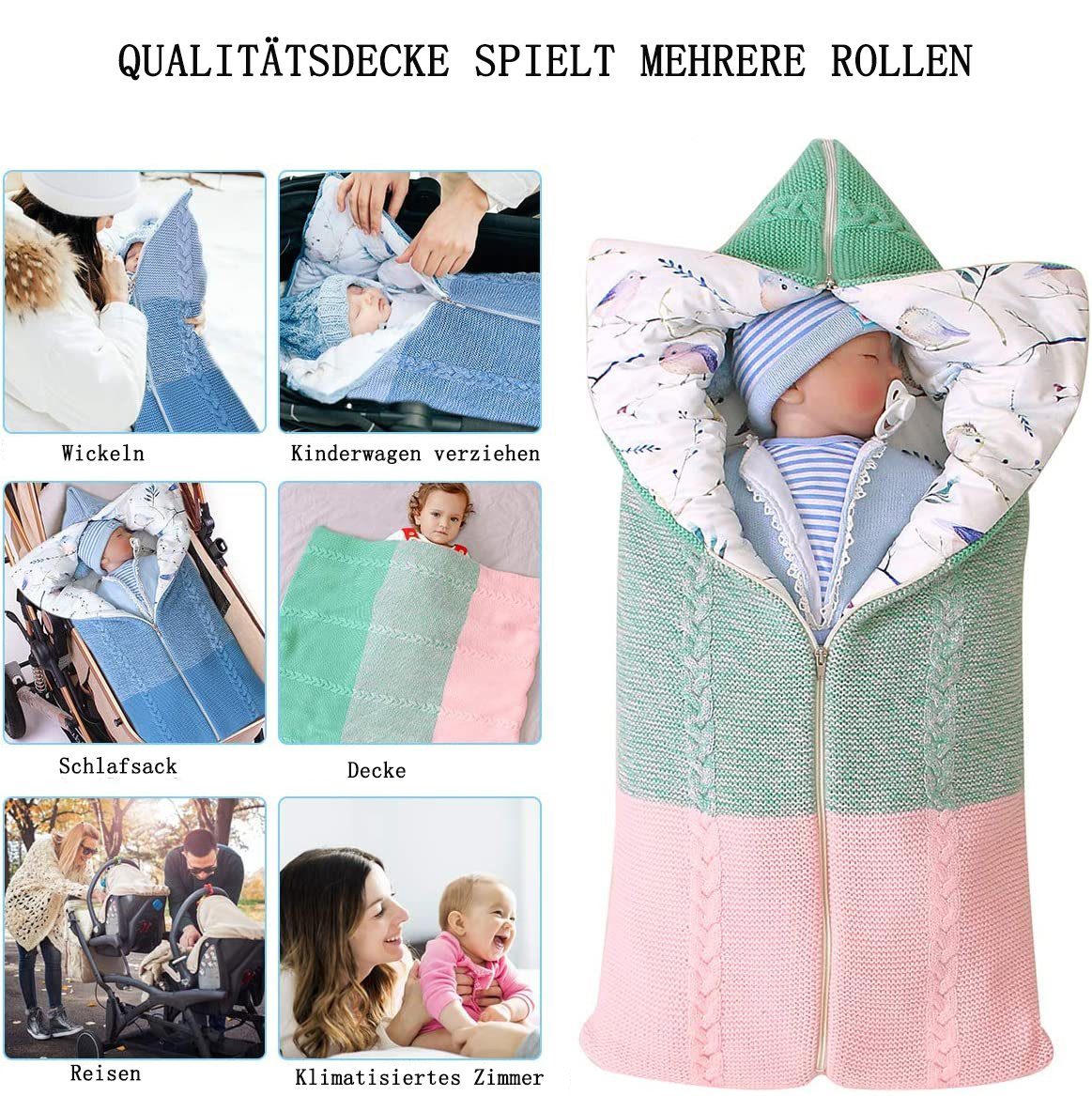 warme Kinderwagen Decke, GelldG + Babydecke Wickeldecke rosa Neugeborenen Schlafsack, grün Winter