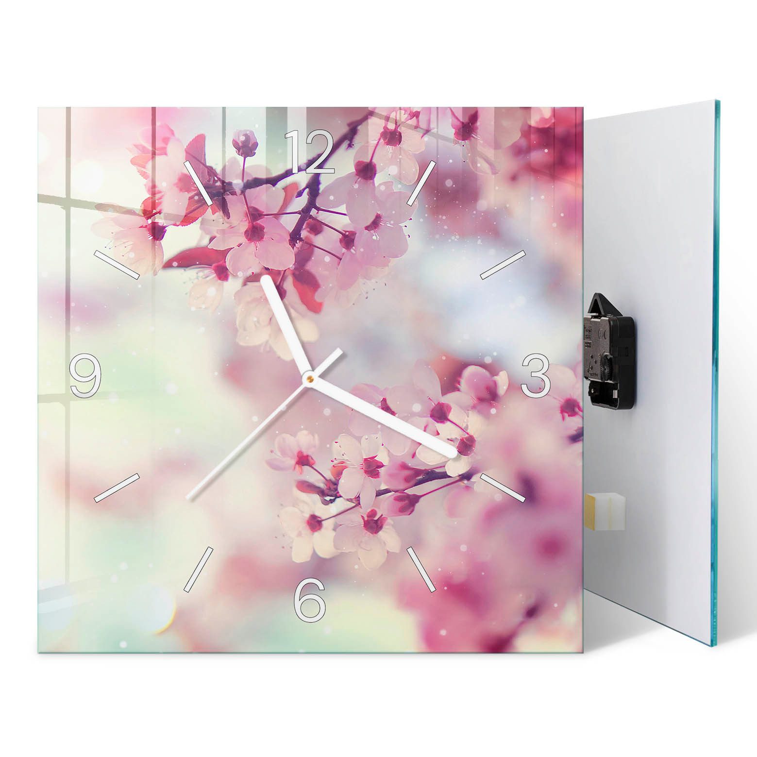 ArtPrintCave Wanduhr Glaswanduhr aus 4 mm Floatglas mit leisem Quarzwerk und Motivdruck (Frühlingsharmonie, Rosa)