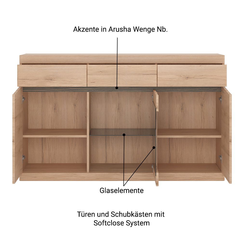 Lomadox hell Schubkästen, Tür Glaseinsatz, Nb., Eiche mit San Softclose SANFORD-129 Vitrine Remo