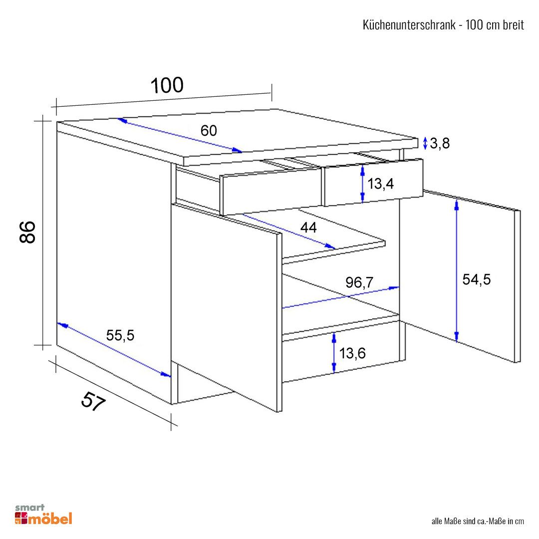 Flex-Well Unterschrank Küchenunterschrank - 100 cm breit - Anthrazit San Remo Eiche – Lino
