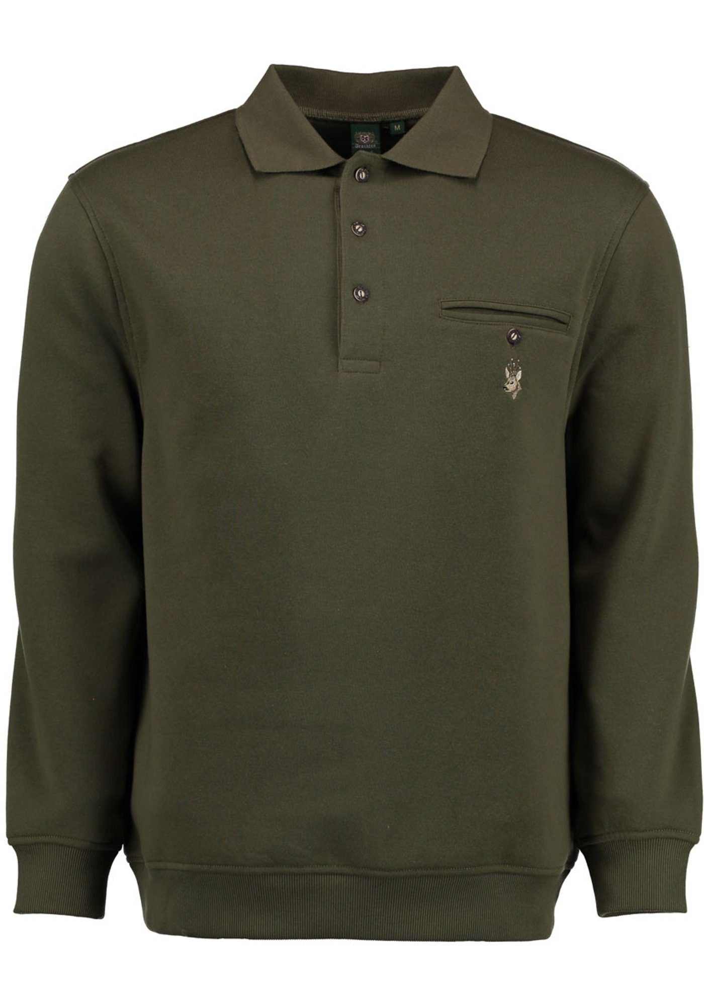 Sweatshirt Rehkopf-Stickerei OS-Trachten Kragen Rizapa Jagdsweatshirt mit Brusttasche auf und