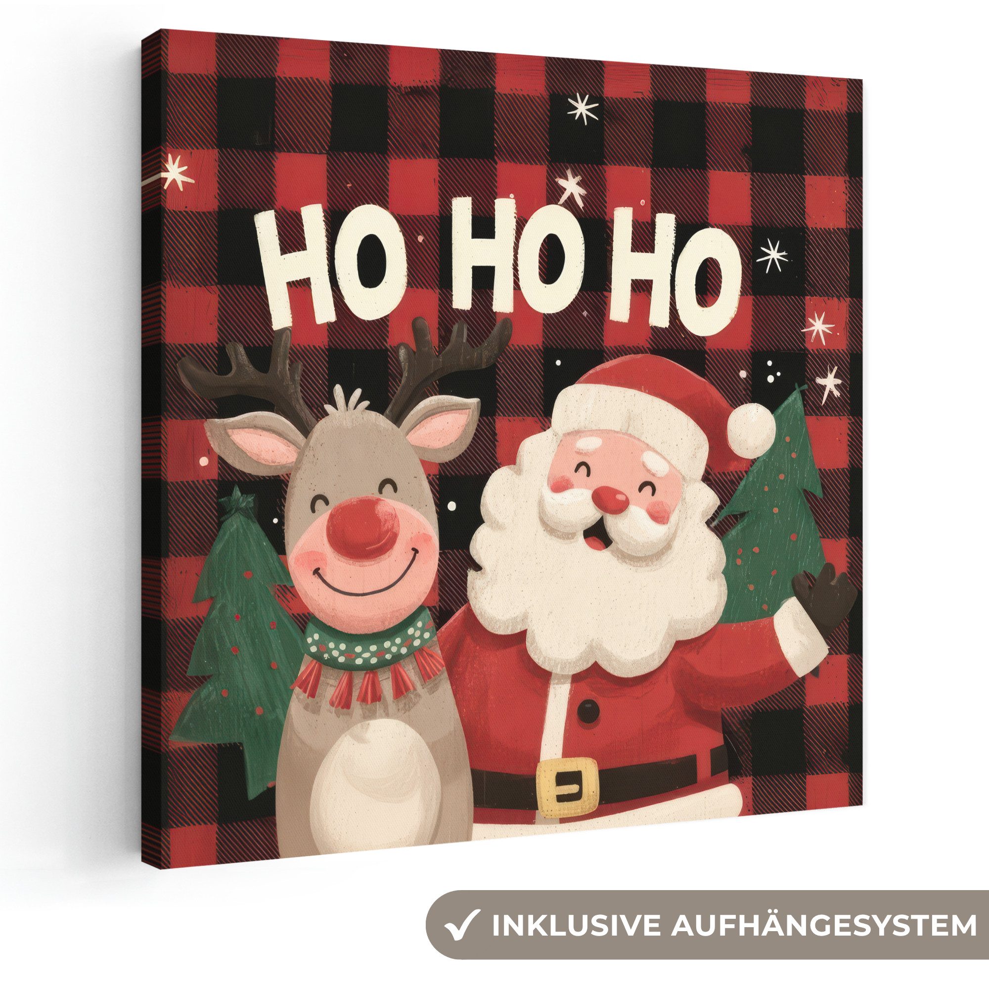 OneMillionCanvasses® Leinwandbild Weihnachtsmann - Rentier - Text - Rot - Schwarz, Fotodruck (1 St), Wandbild, Deko Schlafzimmer Wohnzimmer Flur 20x20 cm