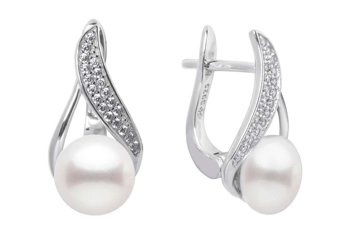 Gaura Pearls Perlenohrringe Elegant hängend weiß rund 8.5-9 mm, echte Süßwasserzuchtperle, 925er Sterlingsilber, rhodiniert