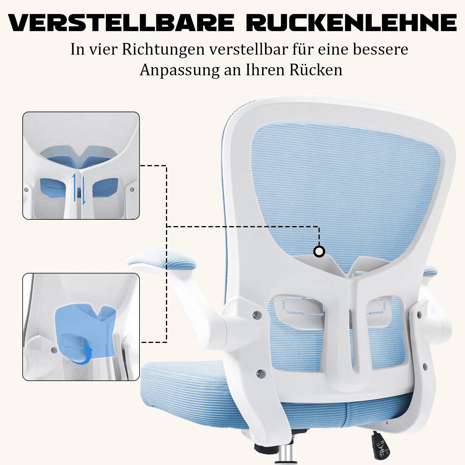 Durrafy Bürostuhl Ergonomischer Bürostuhl,Schreibtischstuhl mit klappbaren Armlehnen (Höhenverstellbarer Drehstuhl mit Wippfunktion bis 130°,Computerstuhl mit verstellbarer Lendenwirbelstütze und leisen Rollen), Chefsessel mit 150 kg Tragfähigkeit
