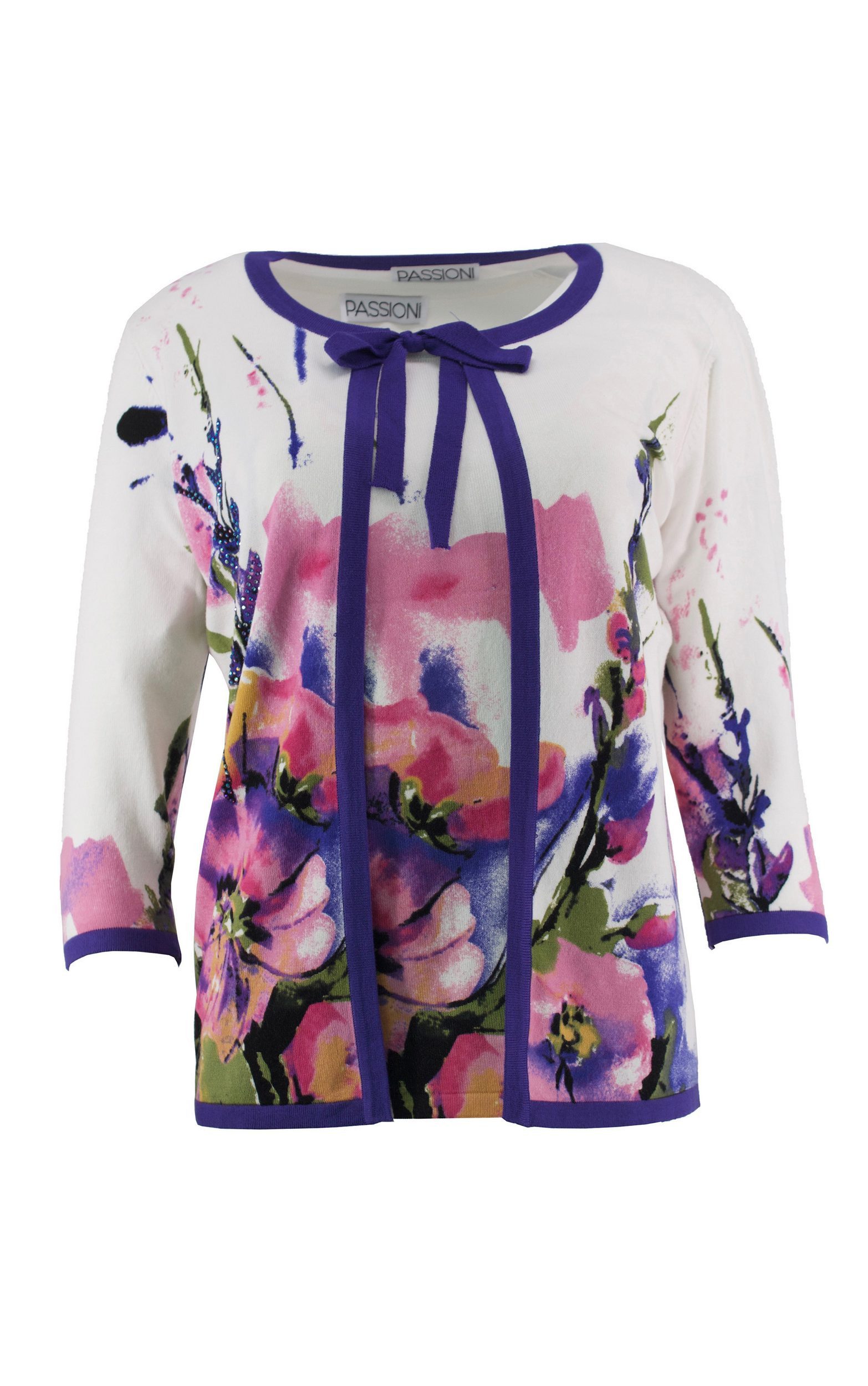 Passioni Cardigan Twinset mit Aquarell-Blumendruck, Strass und Bindedetail vorne