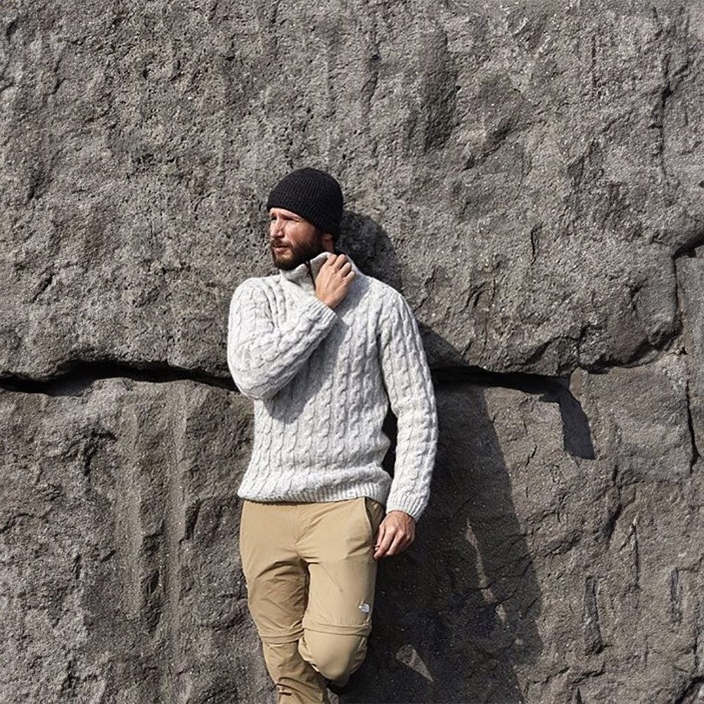 KIDKA Wollpullover - Zopfmusterpullover aus Schafwolle für Damen / Herren - hellgrau - aus rauer isländischer Wolle