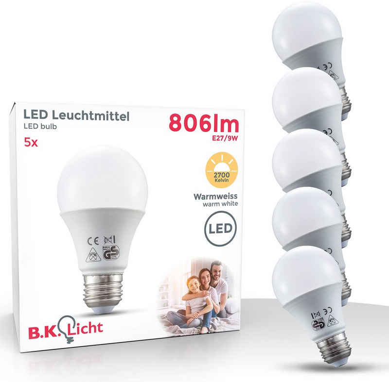B.K.Licht LED-Leuchtmittel, E27, 5 St., Warmweiß, LED Lampe Glüh-Birne SET 9W 806 Lumen warmweiß 3.000K Energiesparlampe