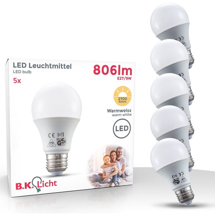 B.K.Licht LED-Leuchtmittel E27 5 St. Warmweiß LED Lampe Glüh-Birne SET 9W 806 Lumen warmweiß 3.000K Energiesparlampe
