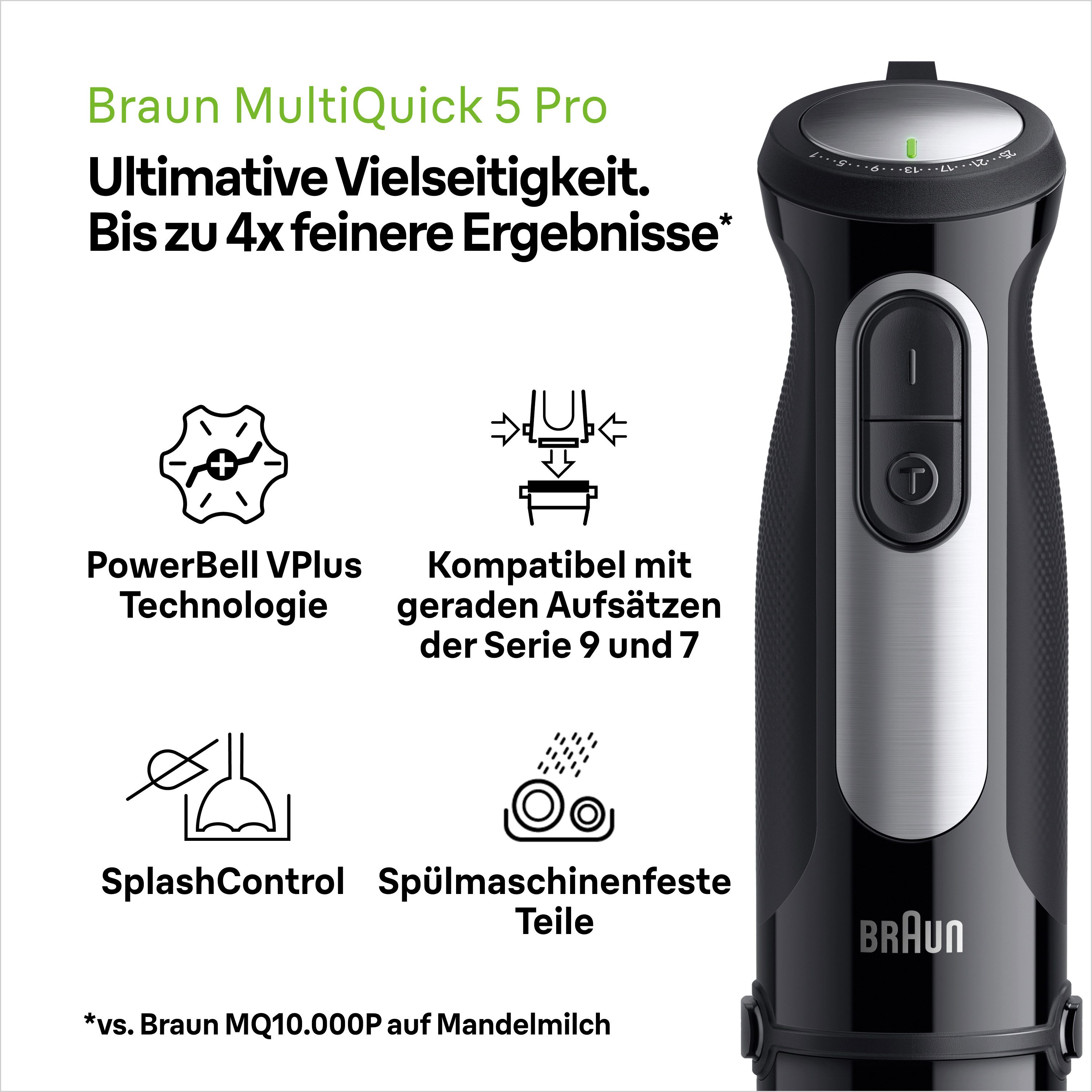 Braun Stabmixer MultiQuick 5 Pro MQ 55755 M - 1000W, 25 Einstellungen, Küchenmaschine, 1000 W, Spritzschutz, 500 ml Mini Küchenmaschine + Zubehör, Extra Mahlklinge