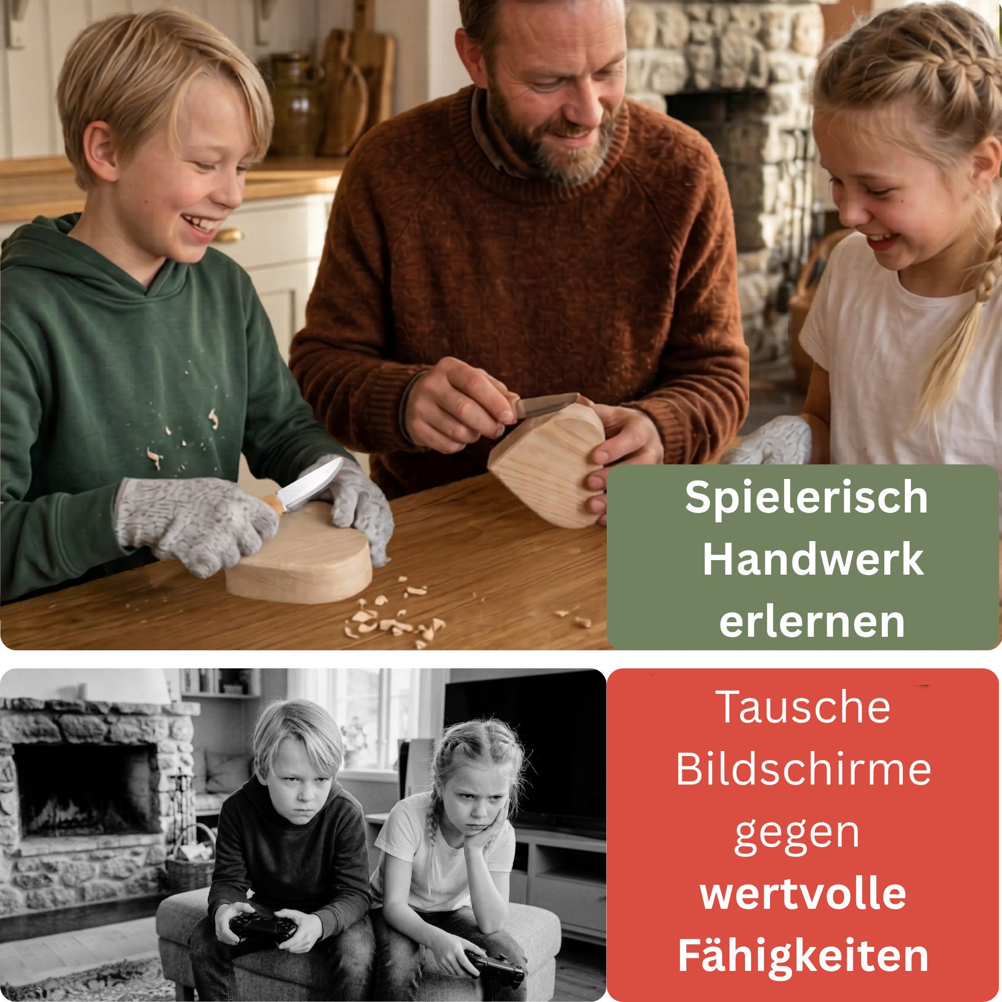 Eli Taschenmesser Schnitzmesser Kinder - inkl. Schnitzholz und Handschuhe, (Beidhändig - rostfreier Stahl - Griff aus Buchenholz, Kinderschnitzmesser - Schnitzwerkzeug - Outdoor Messer), Kindermesser - Schnitzset - Kindertaschenmesser