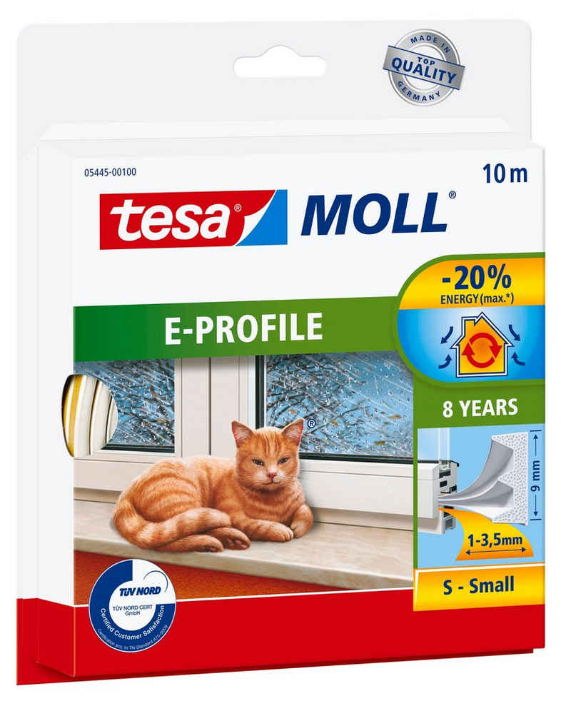 tesa Dichtungsband tesamoll CLASSIC E-Profil Fensterdichtung, (Packung, 1-St), energiesparende Schaumstoffdichtung - selbstklebend - weiß